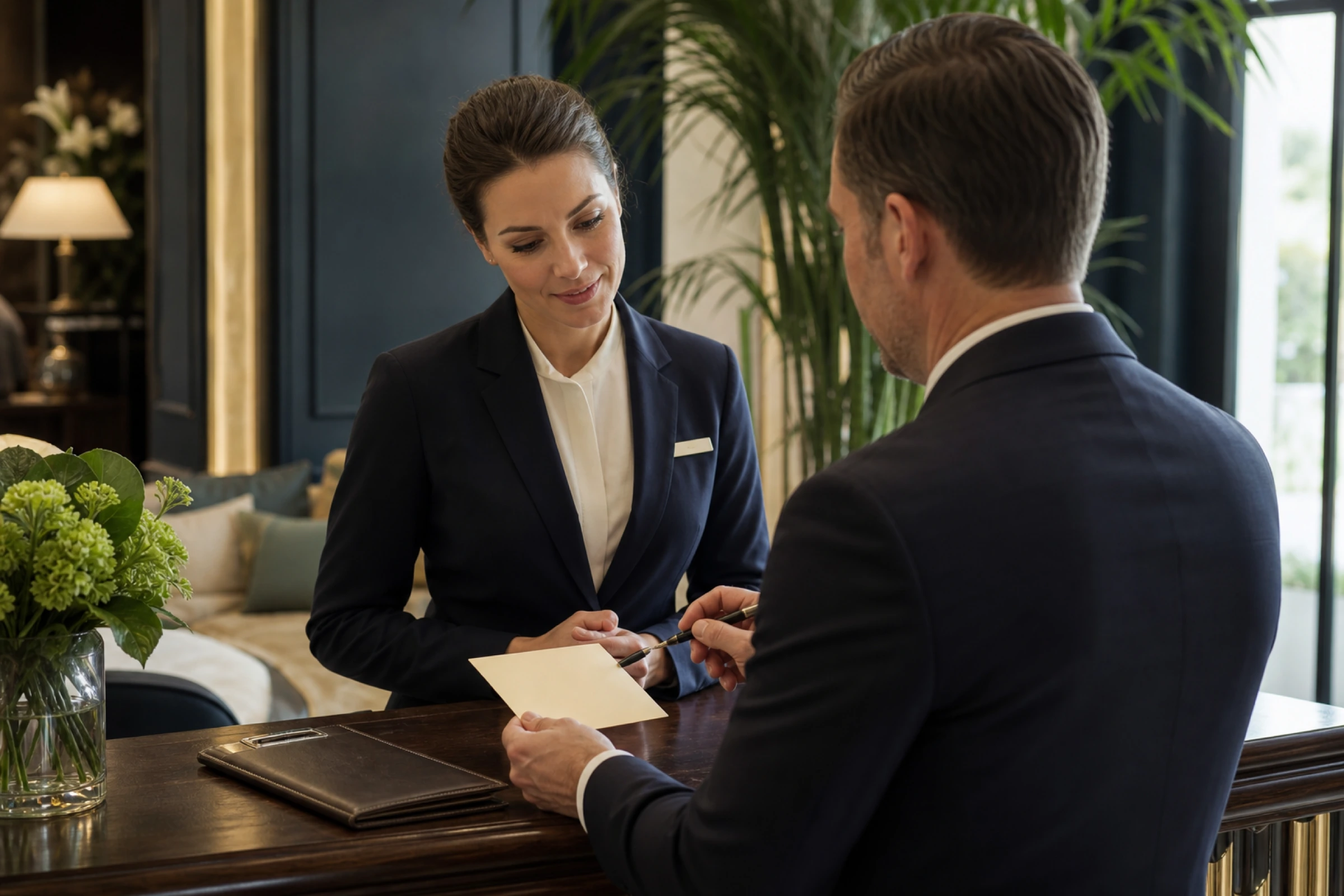 A host confirms dinner details with a restaurant team member before guests arrive.