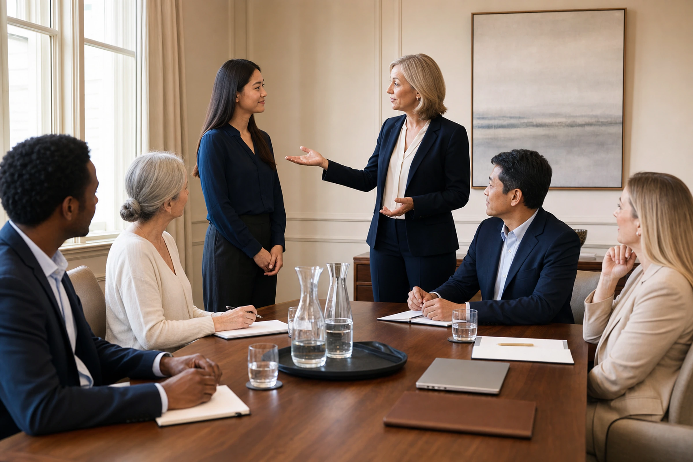 A meeting leader welcomes and introduces a new participant to colleagues.