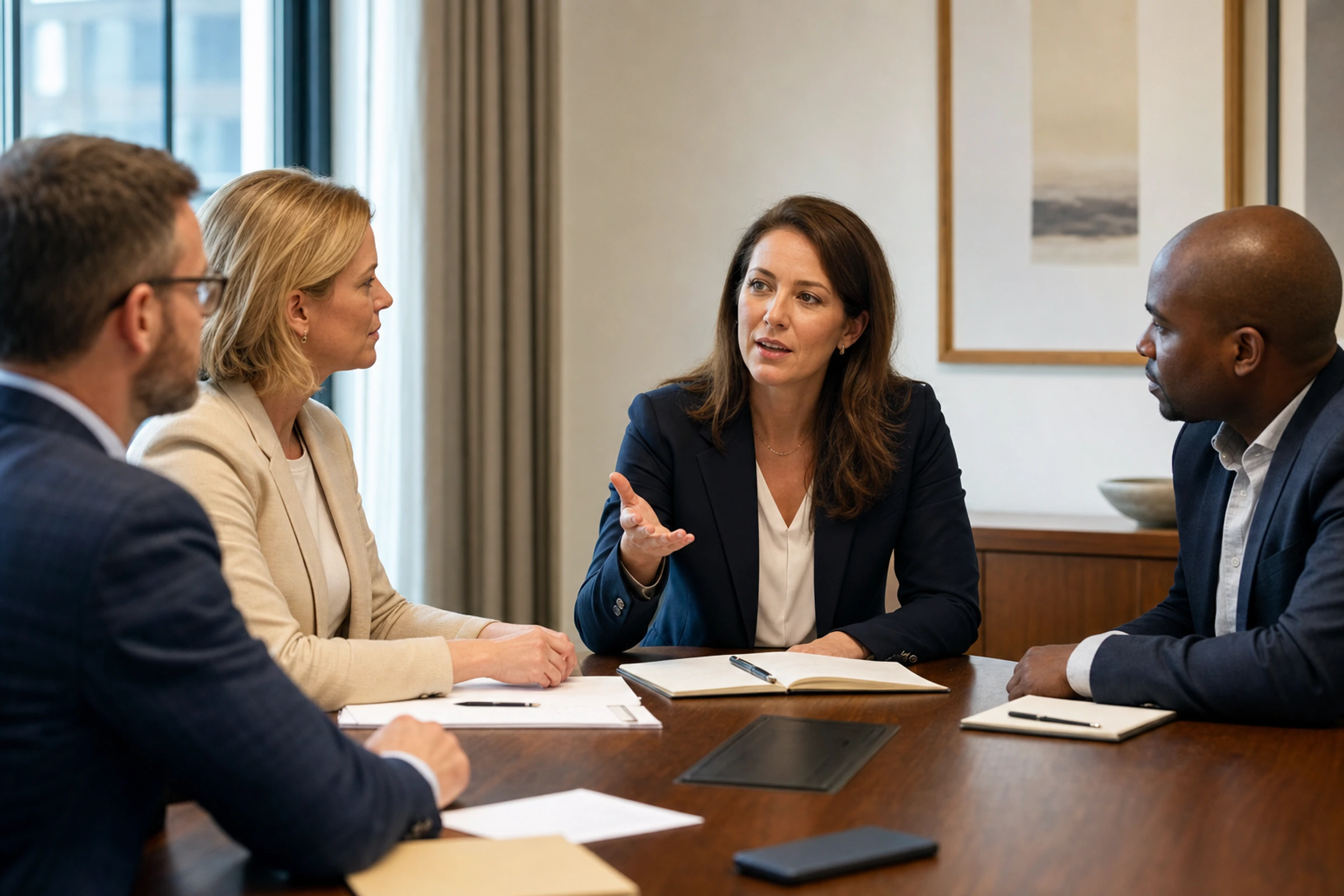 A professional makes a concise contribution during a focused meeting.