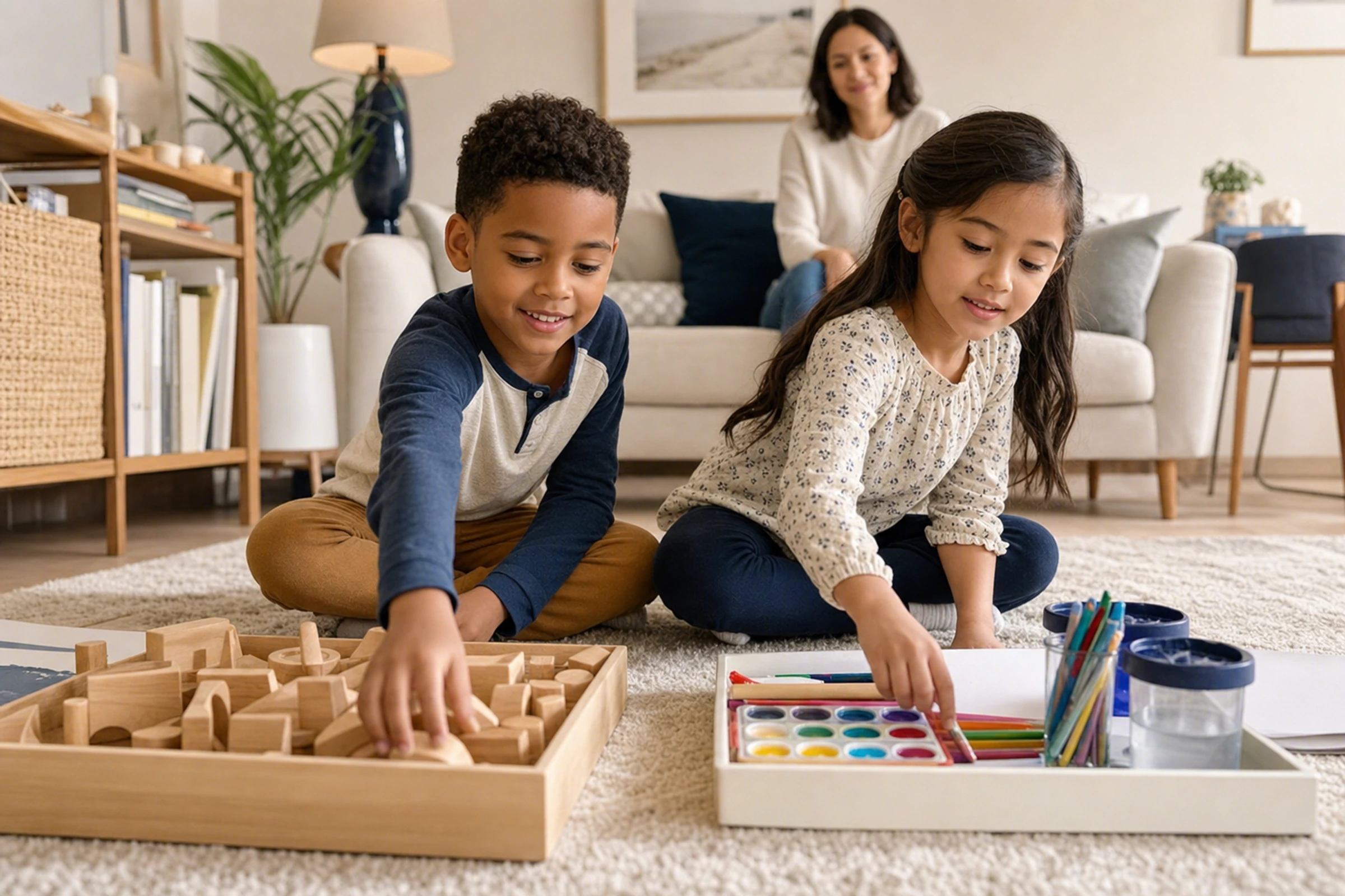 Two children choose an activity together while an adult remains nearby.
