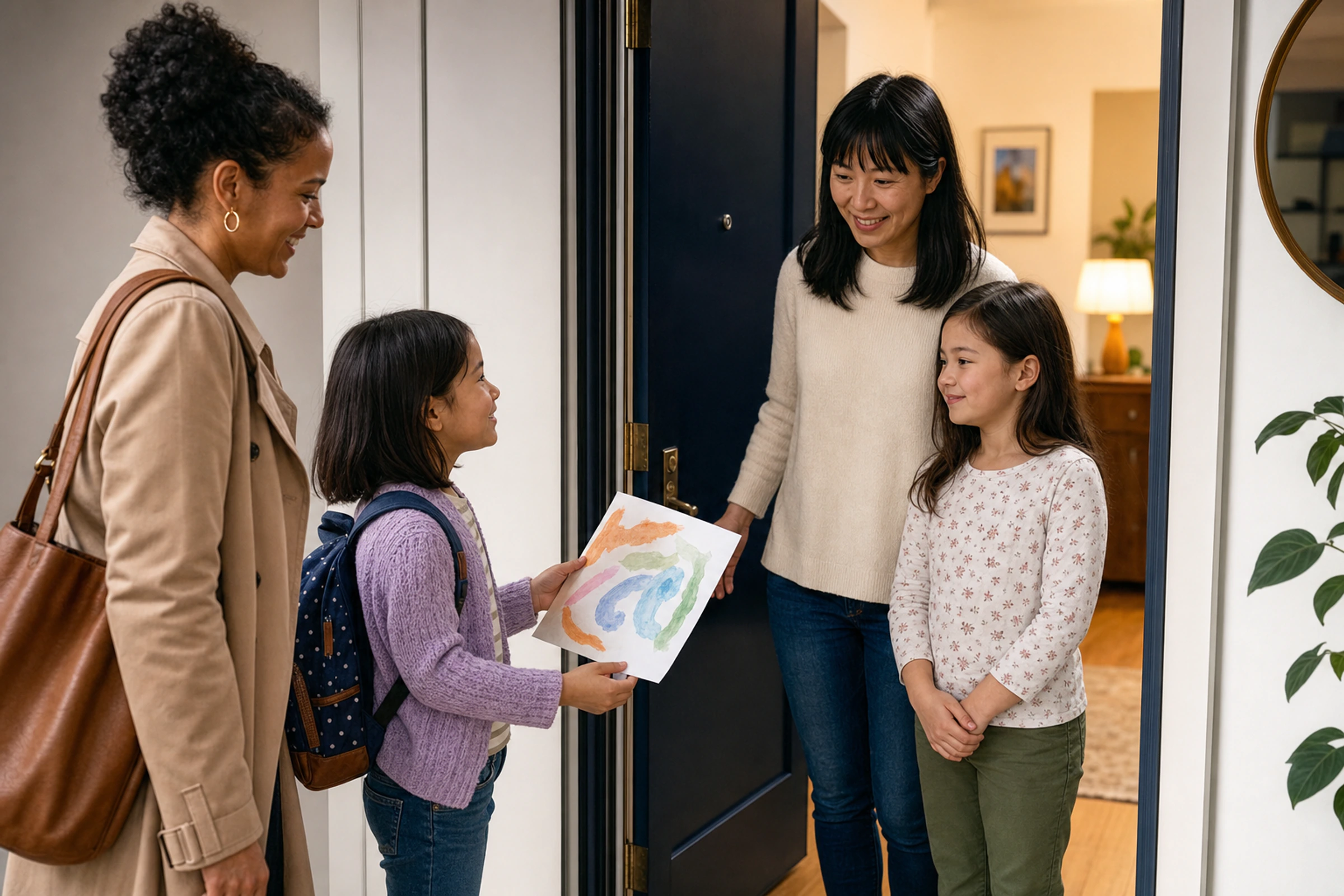 A child thanks the host family as a playdate ends at the agreed pick-up time.