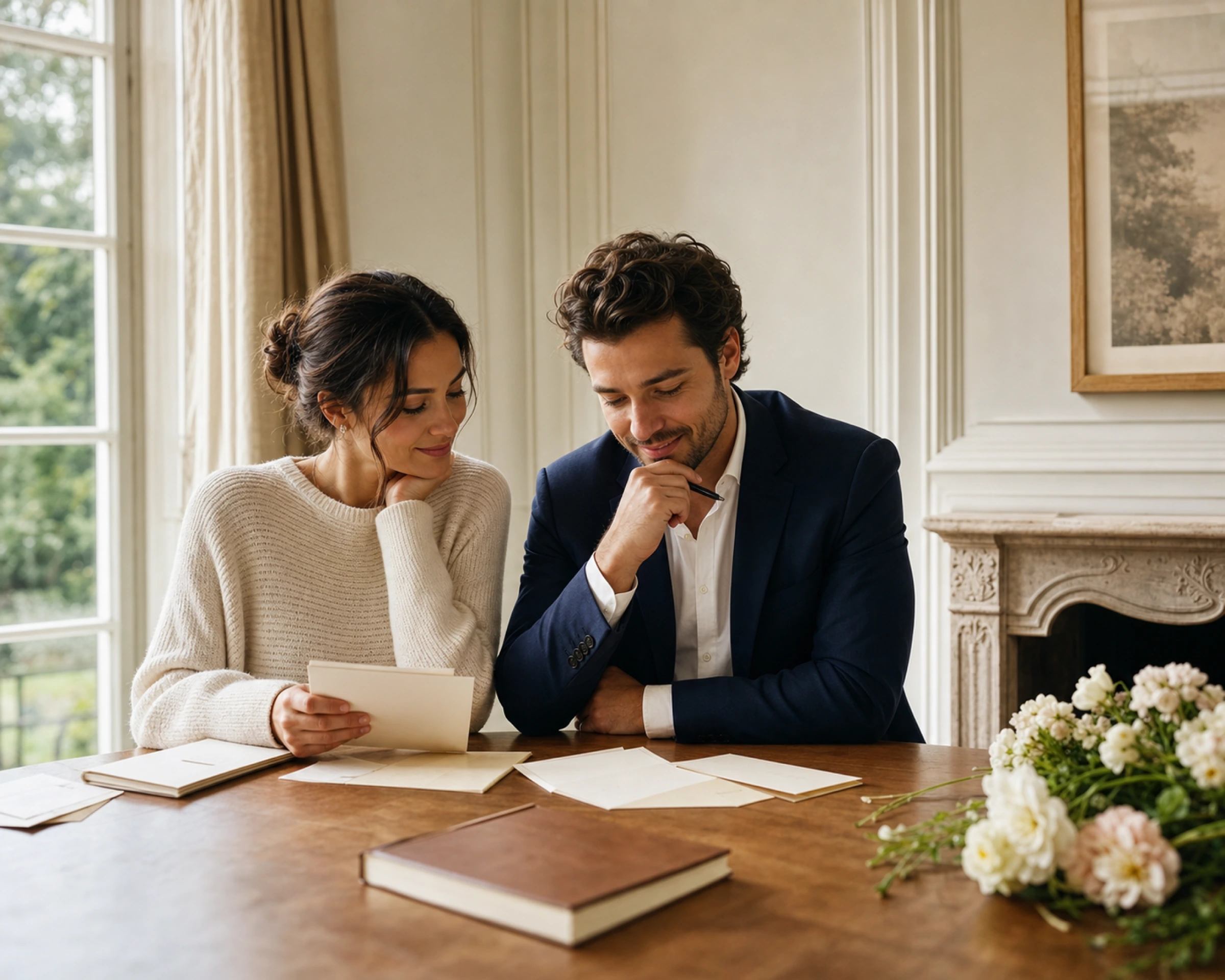 A couple reviews wedding invitations and a guest list together.
