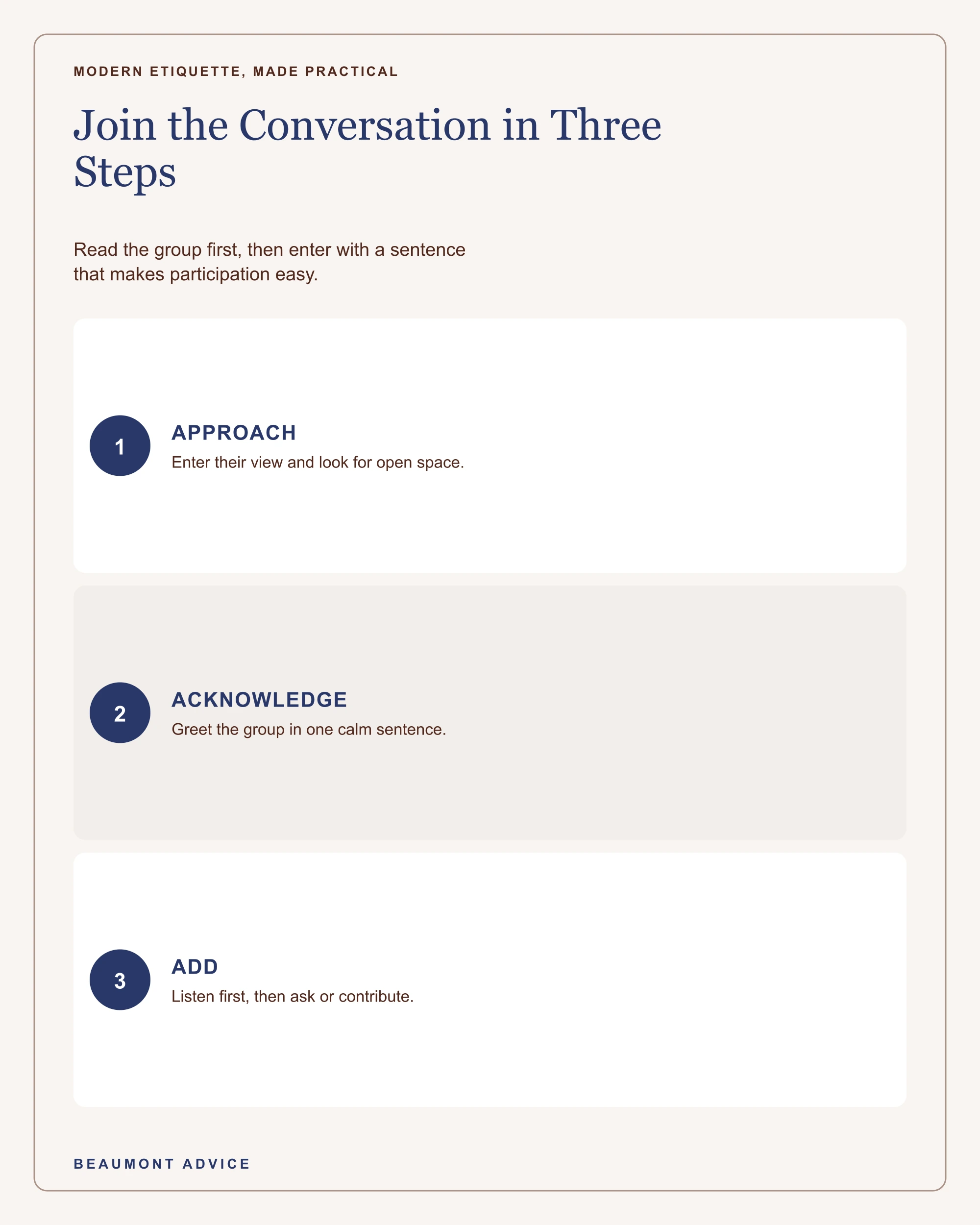 A three-step guide to approaching, joining, and contributing to an event conversation.