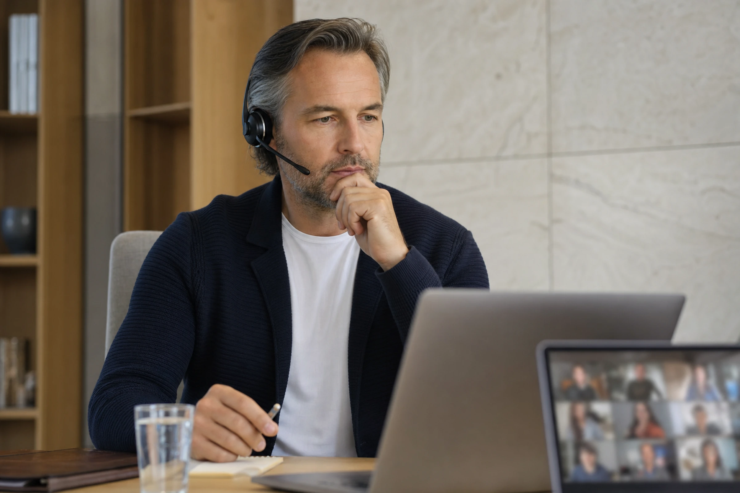 A professional pauses before responding during a video meeting.