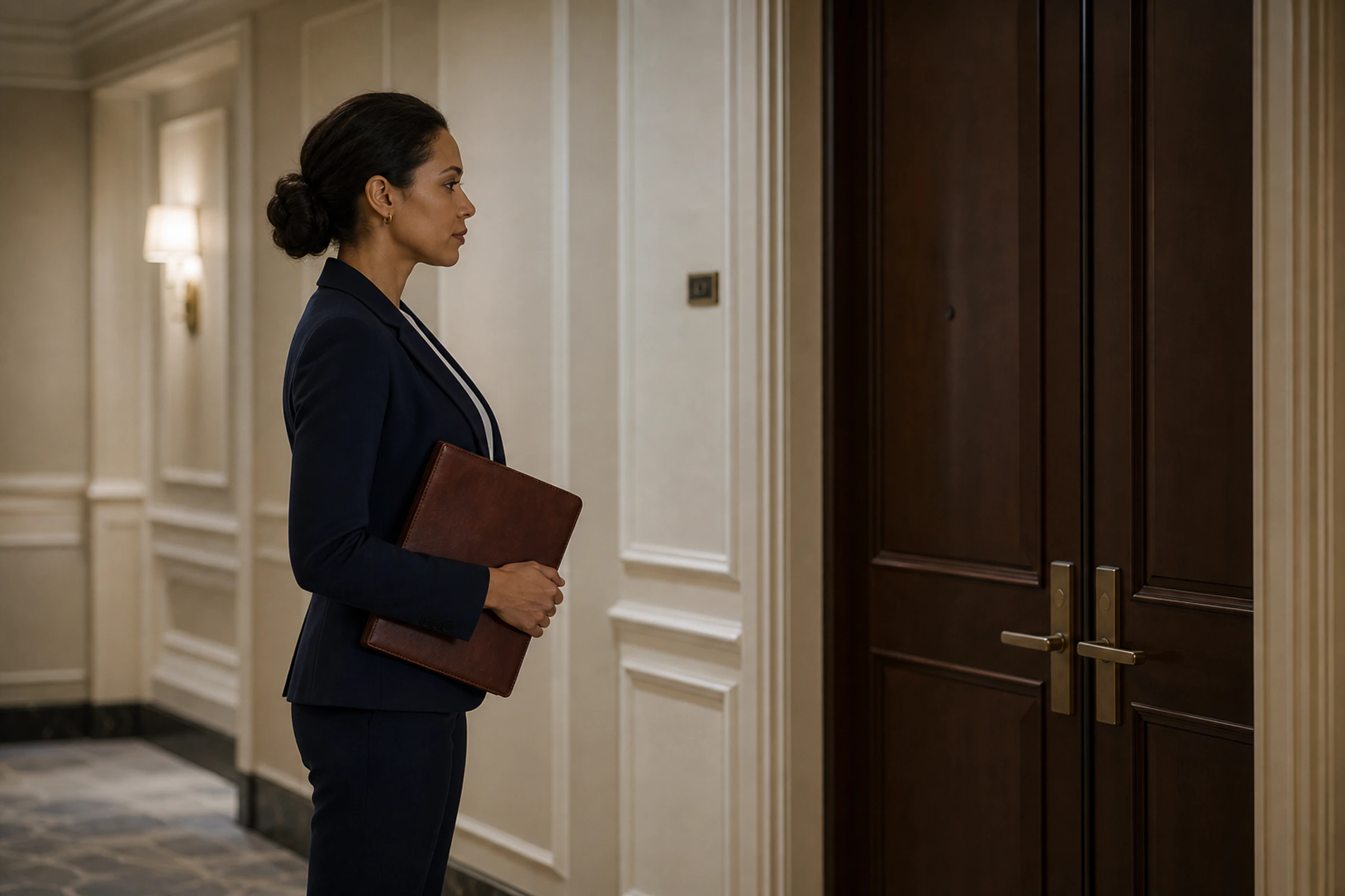A professional prepares with calm posture before entering an important room
