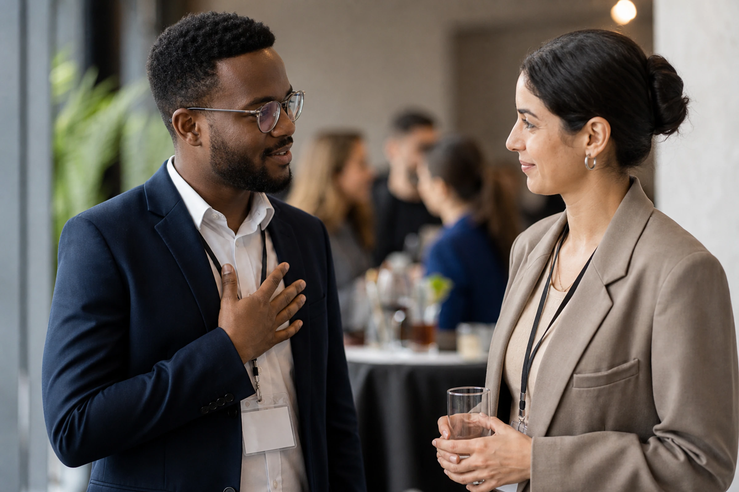 Two people handle a name correction with warmth during a gathering