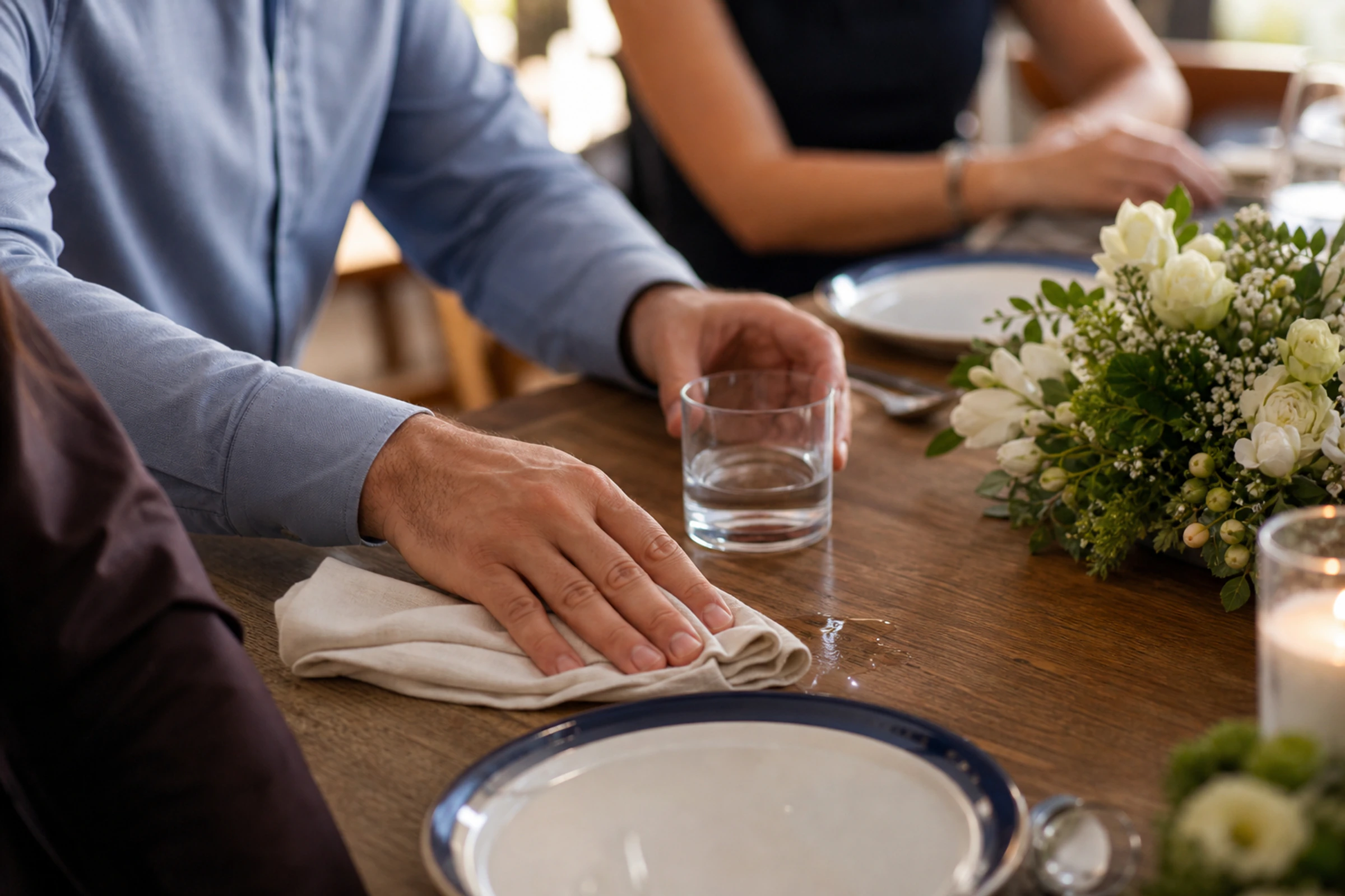 A small table spill is handled calmly with a linen napkin
