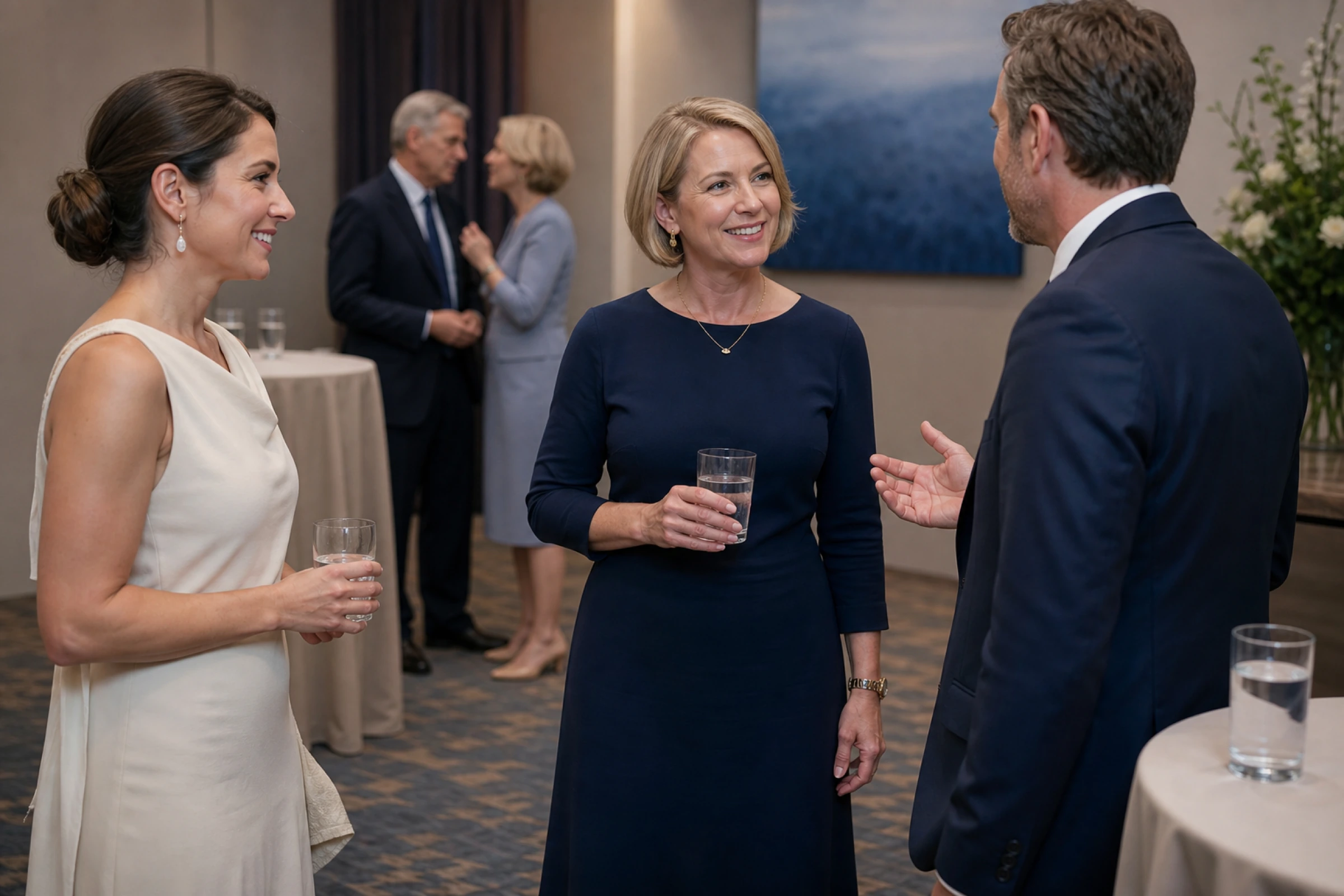 An open group leaves space for another guest while two people hold a private conversation nearby.