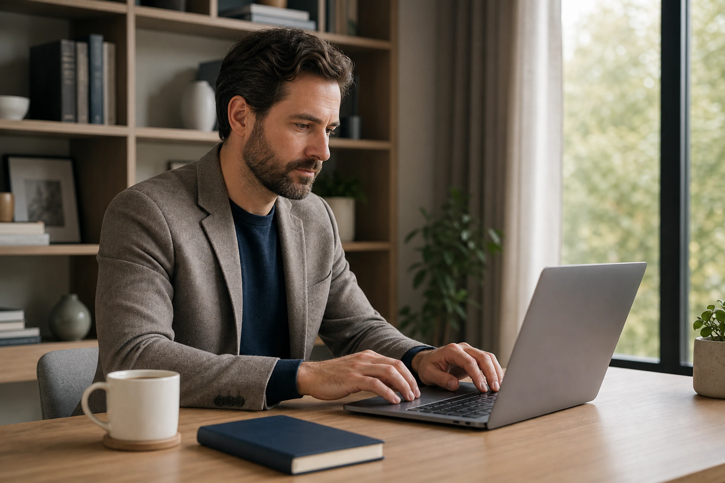 A professional writes a thank-you email at a calm, well-appointed desk