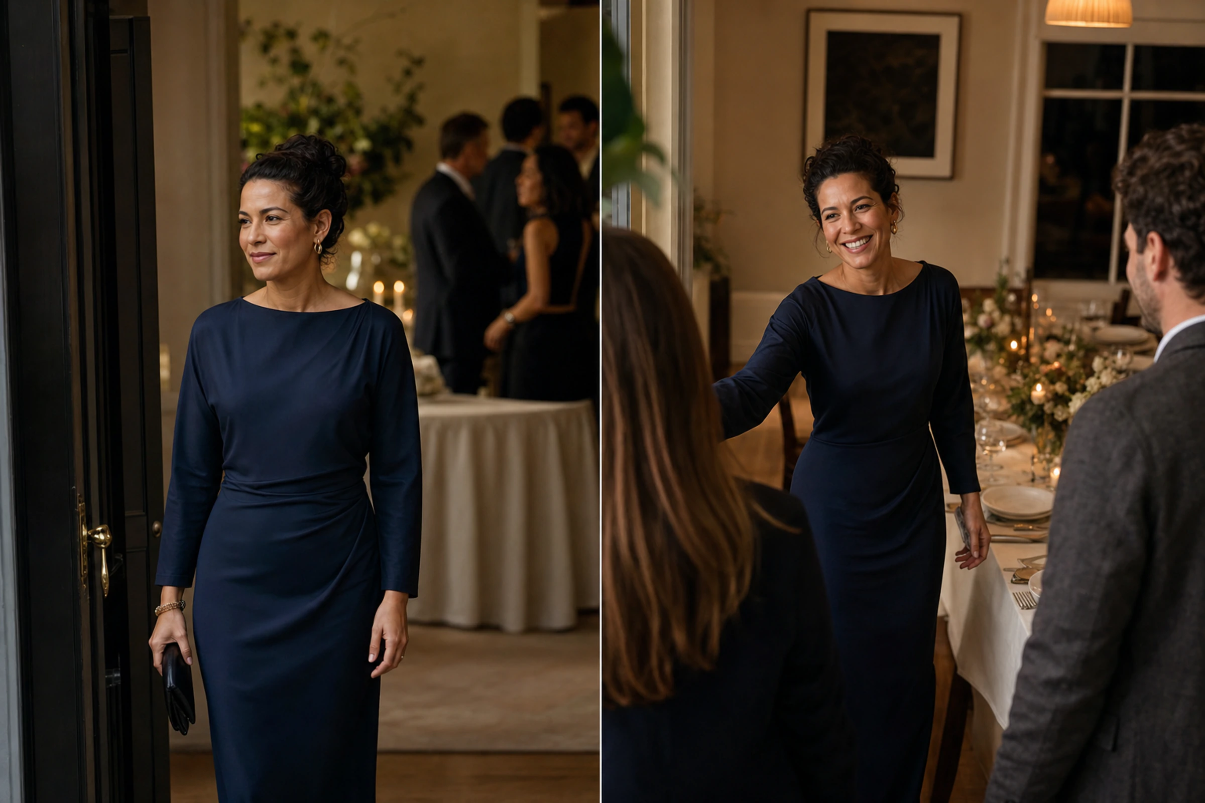 One person enters a reception with confidence and later welcomes guests to a small dinner