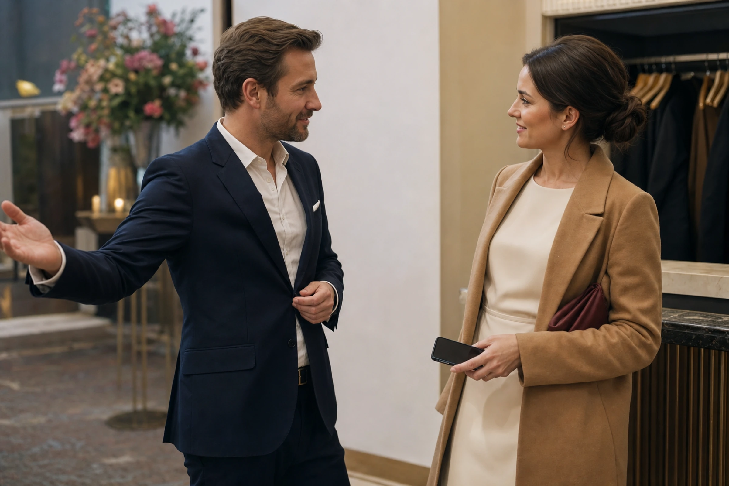Two guests close an event conversation warmly before circulating.