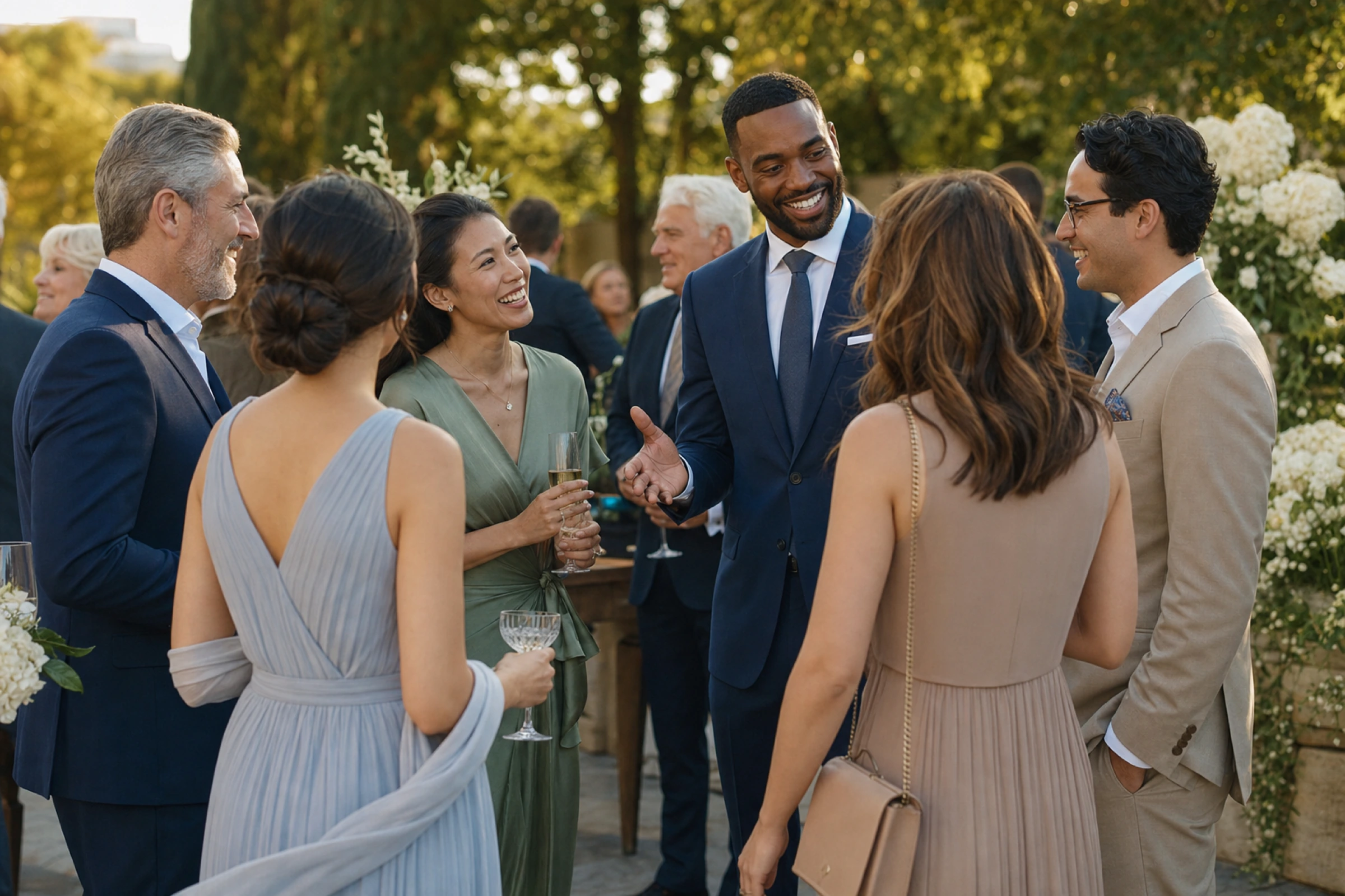 Wedding guests welcome a person into their conversation during the reception.