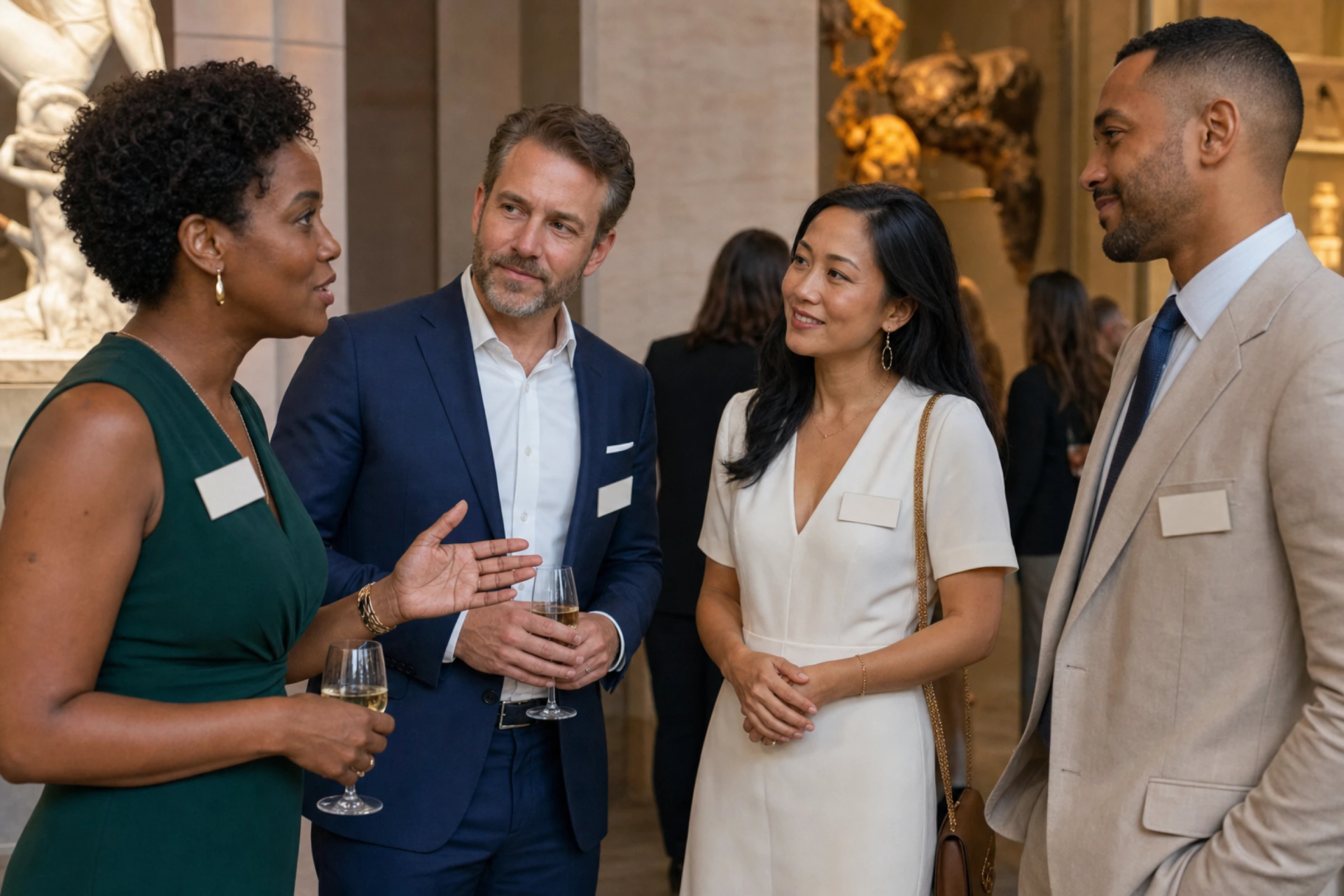 A new guest listens attentively after joining a small event conversation.