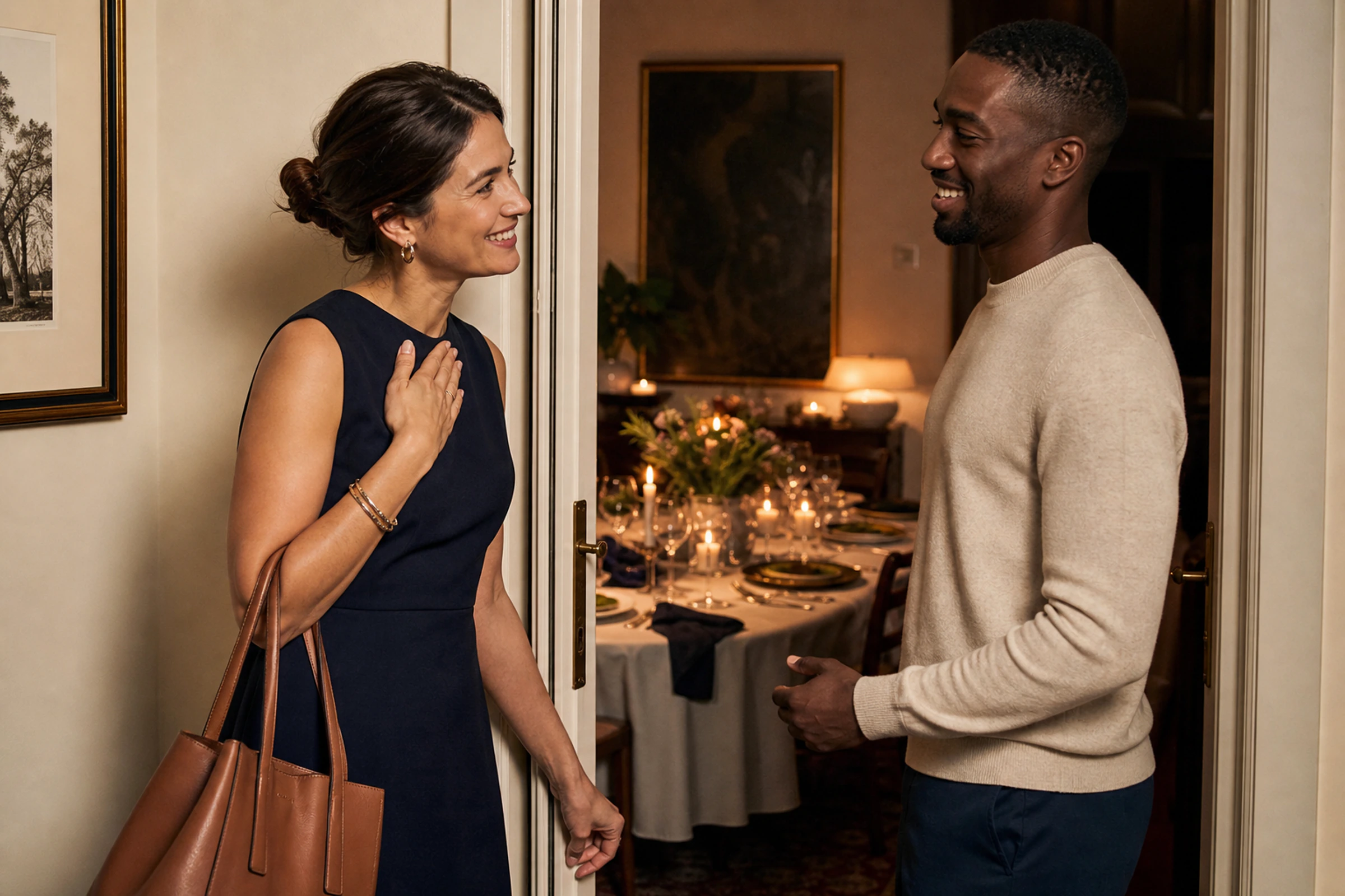 A dinner guest warmly thanks the host before leaving