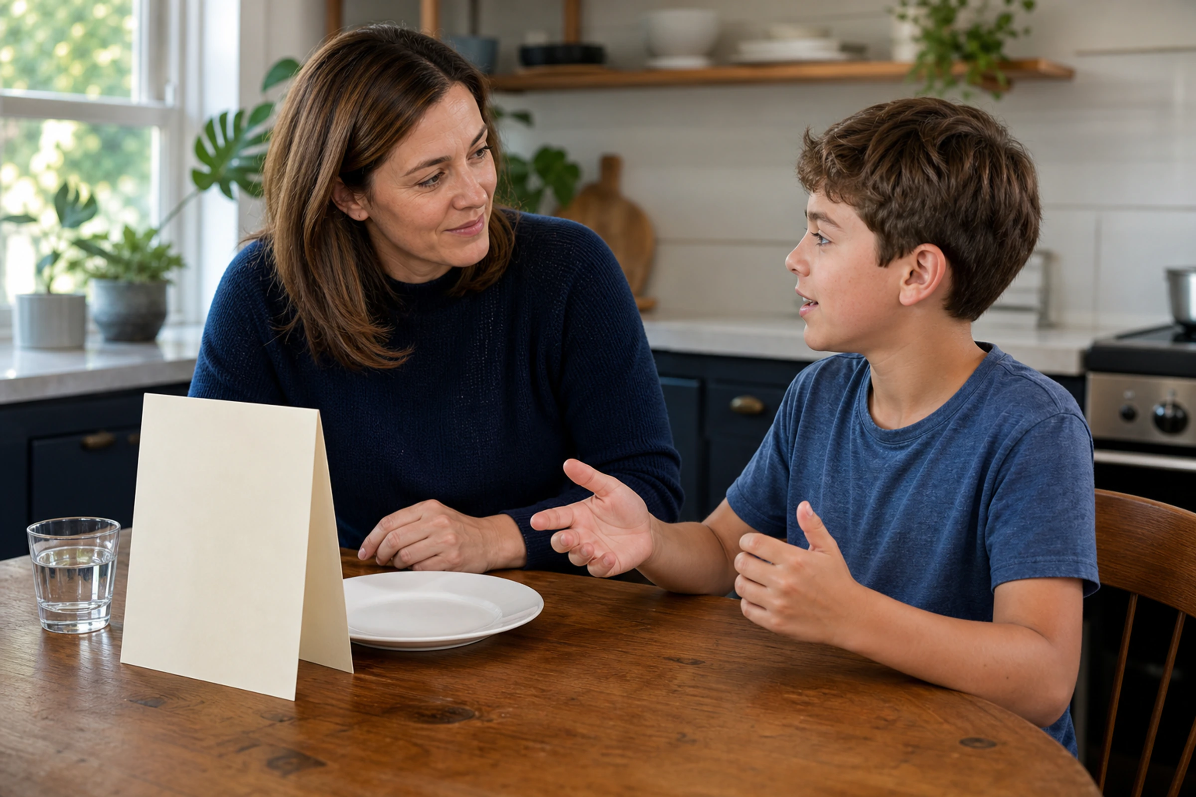 A parent helps a child practice ordering from a menu at home
