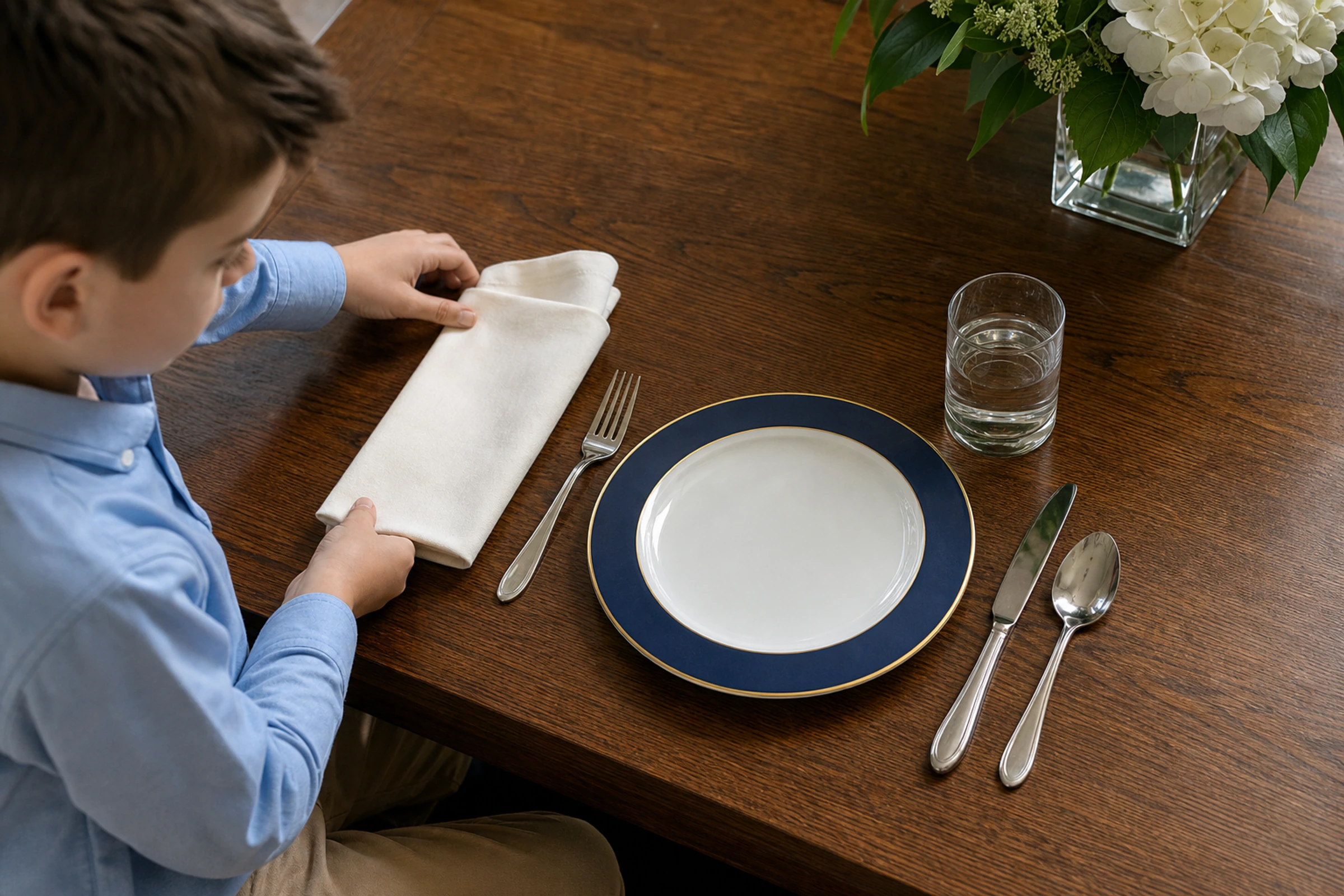 A child practices placing a napkin and cutlery at a home table