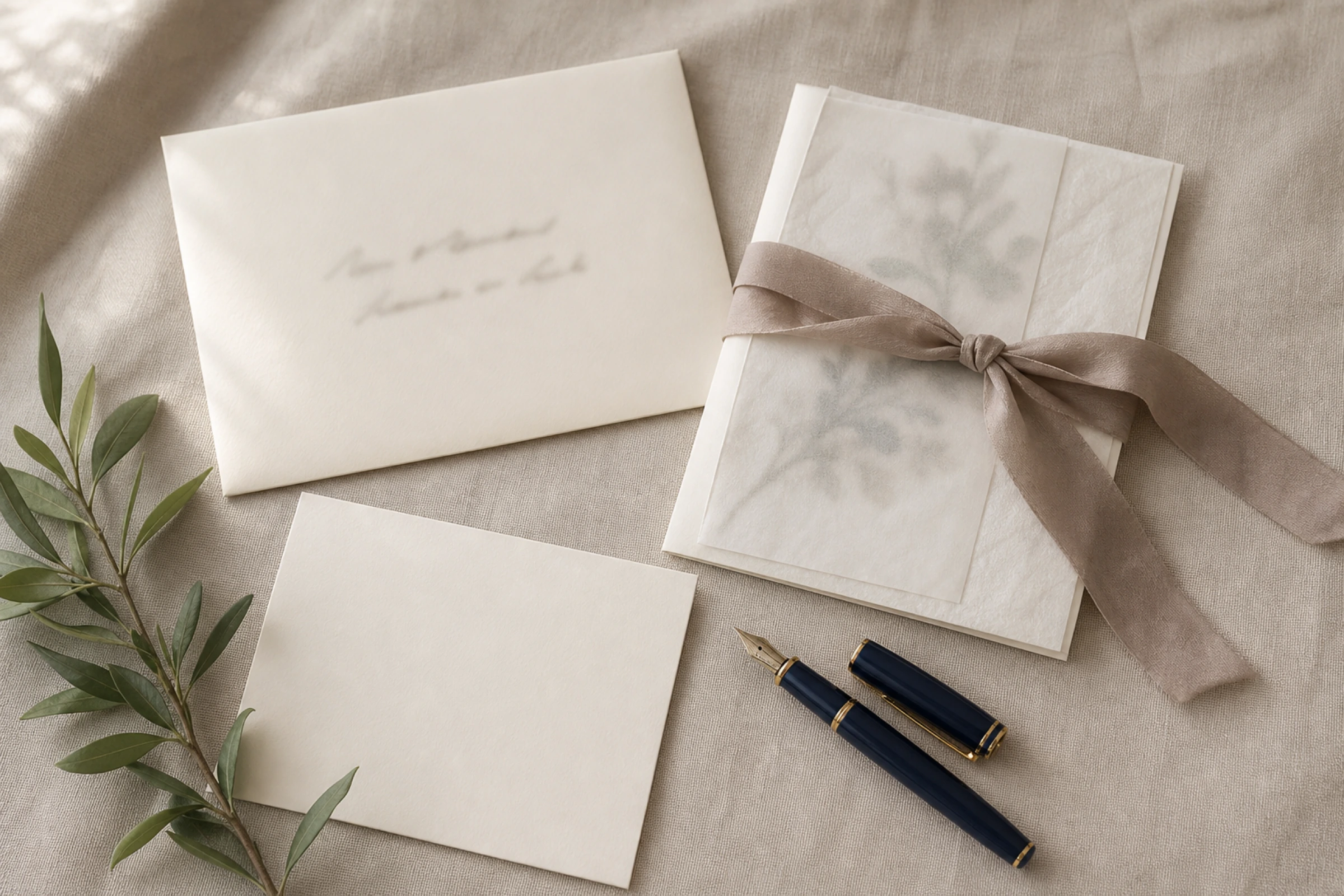 A wedding invitation suite is addressed carefully to two named guests.