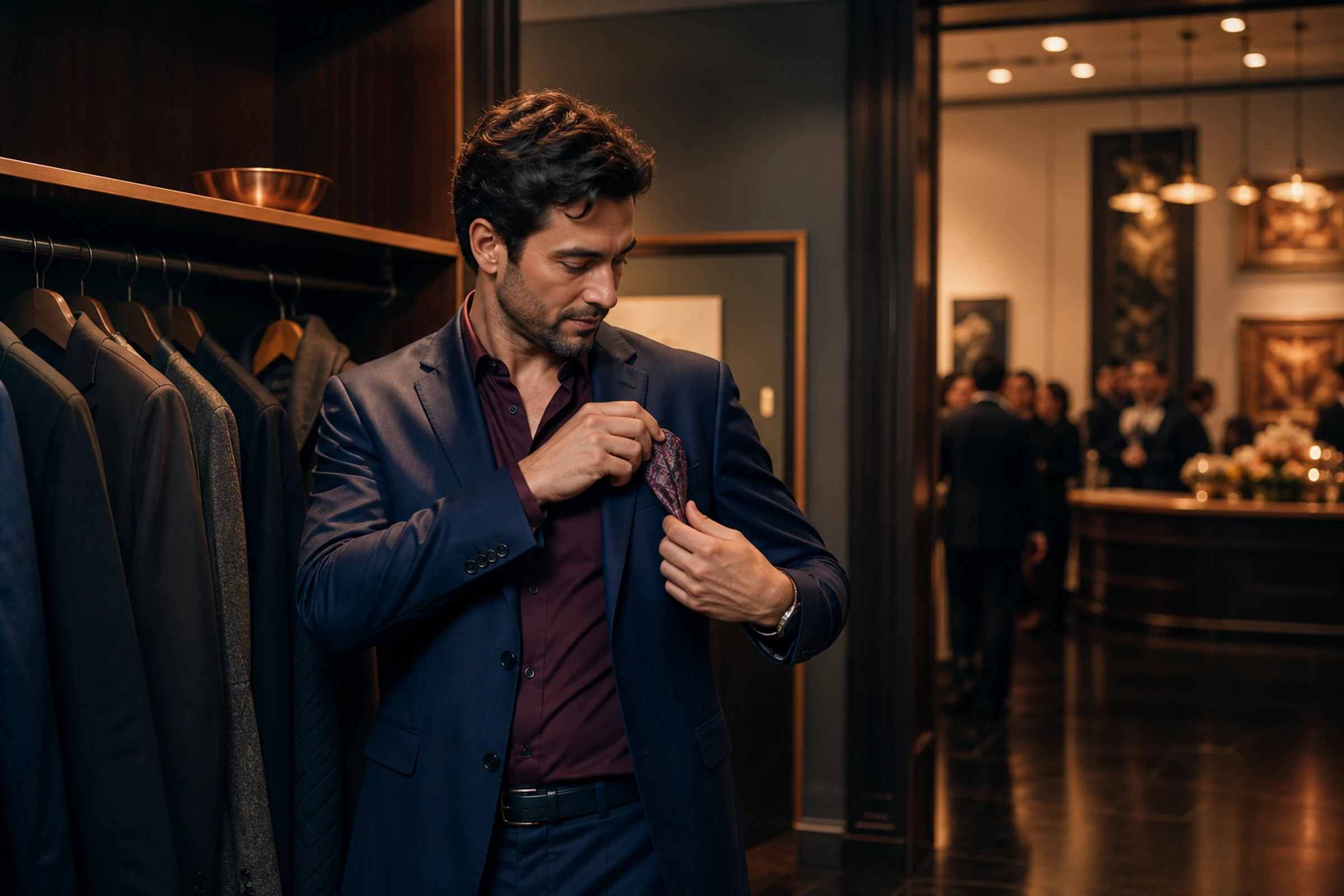 A guest quietly removes an optional tie in a coatroom after arriving.