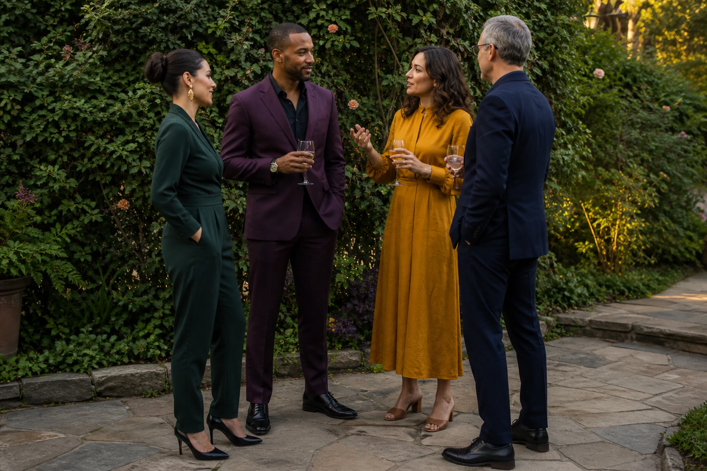 Guests in colorful semi-formal clothing talk at an outdoor celebration.