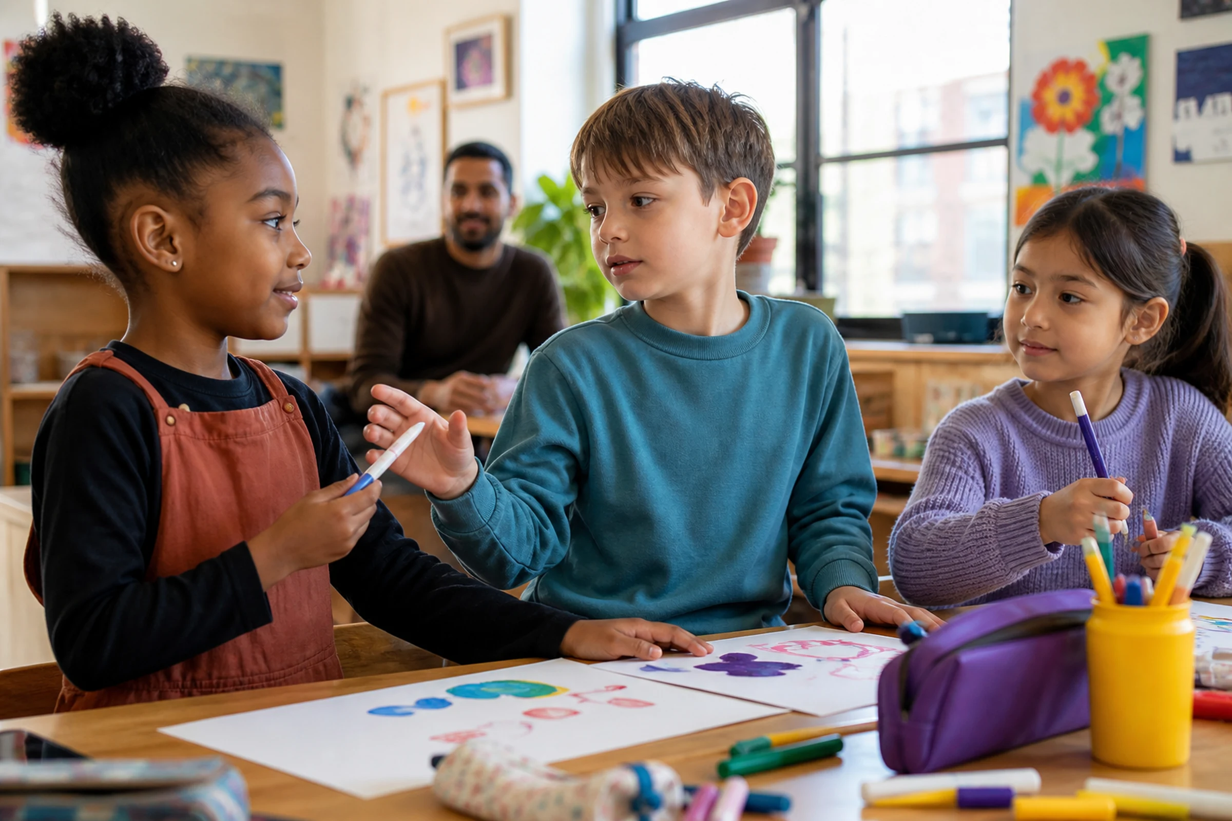 Children ask and take turns while sharing art materials.