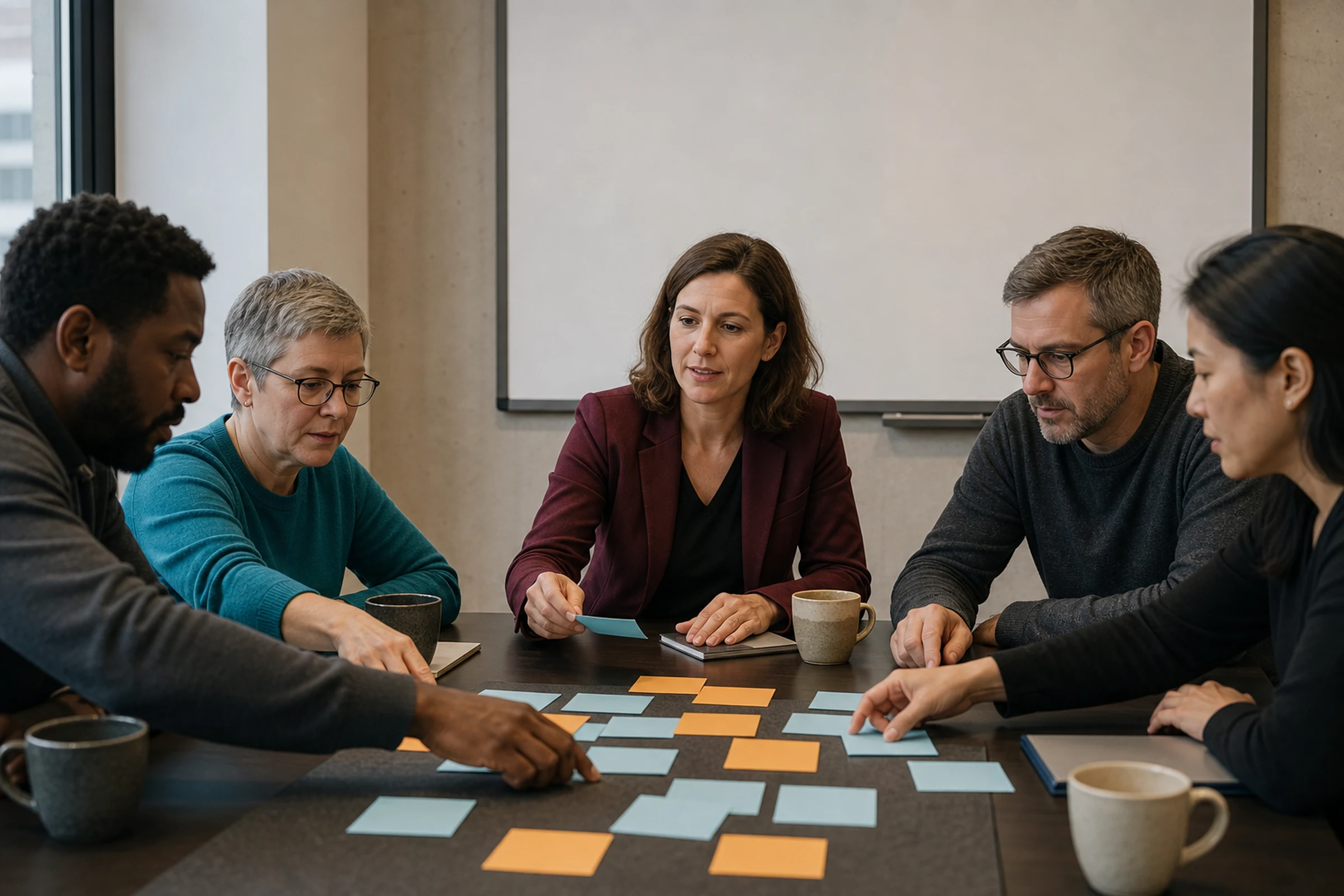 A leader and colleagues shape shared working expectations around a table.