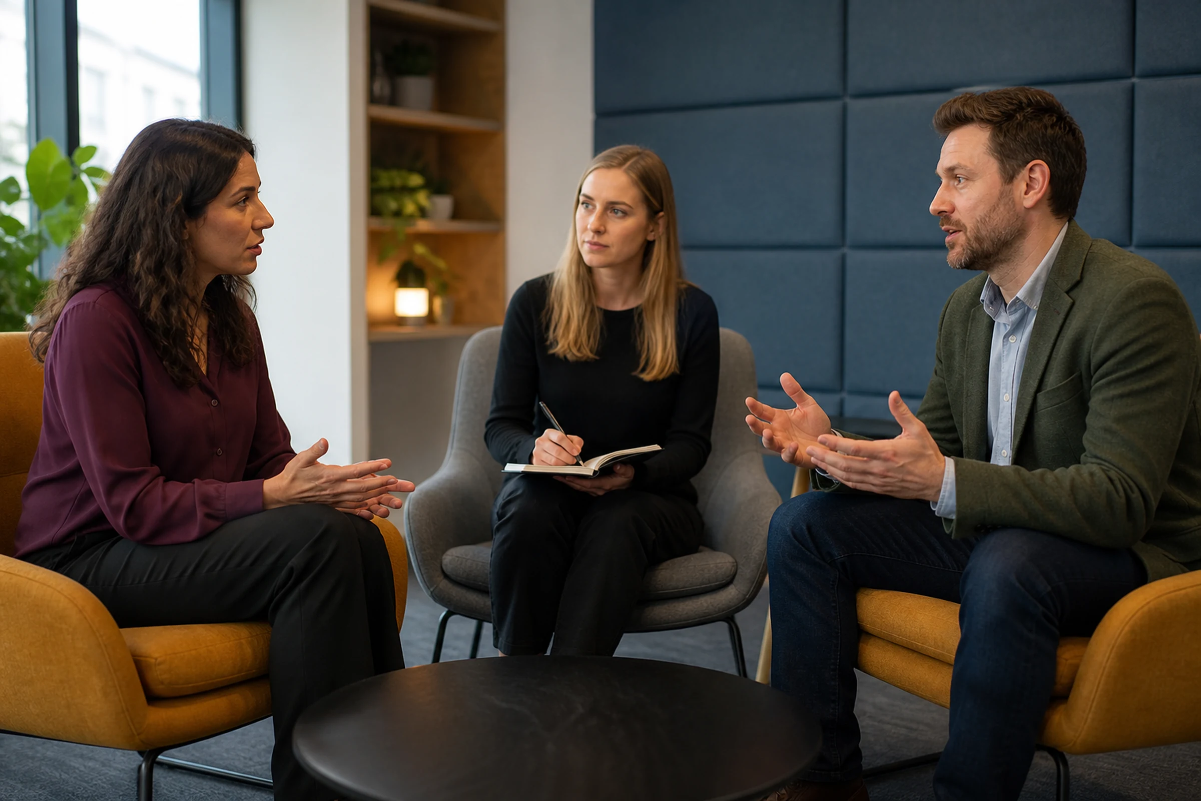 Colleagues discuss different views with calm attention and equal space.