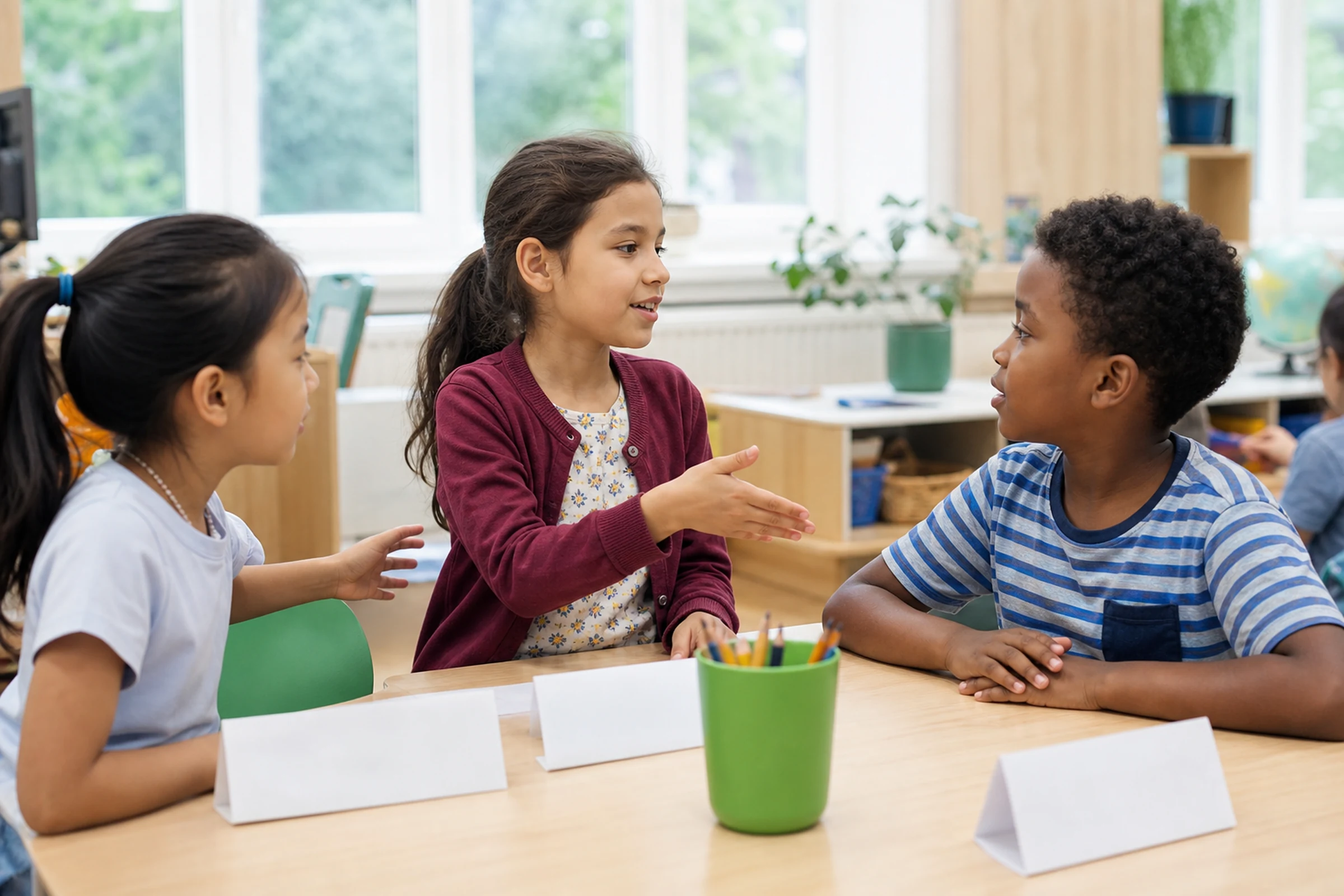 Children practice introductions and listening at a classroom table.