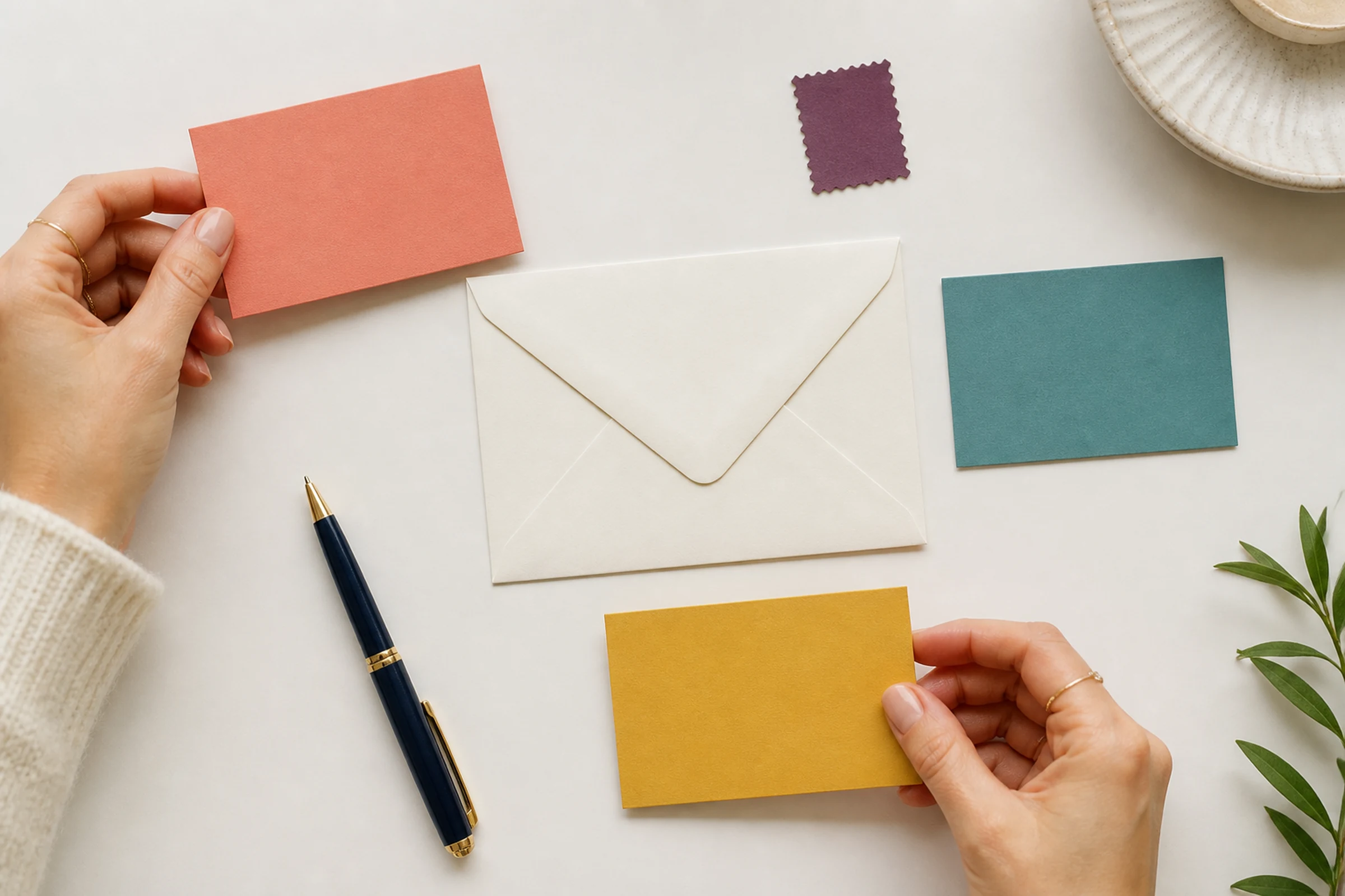 A sender plans the return address, delivery address, and postage areas on an envelope.