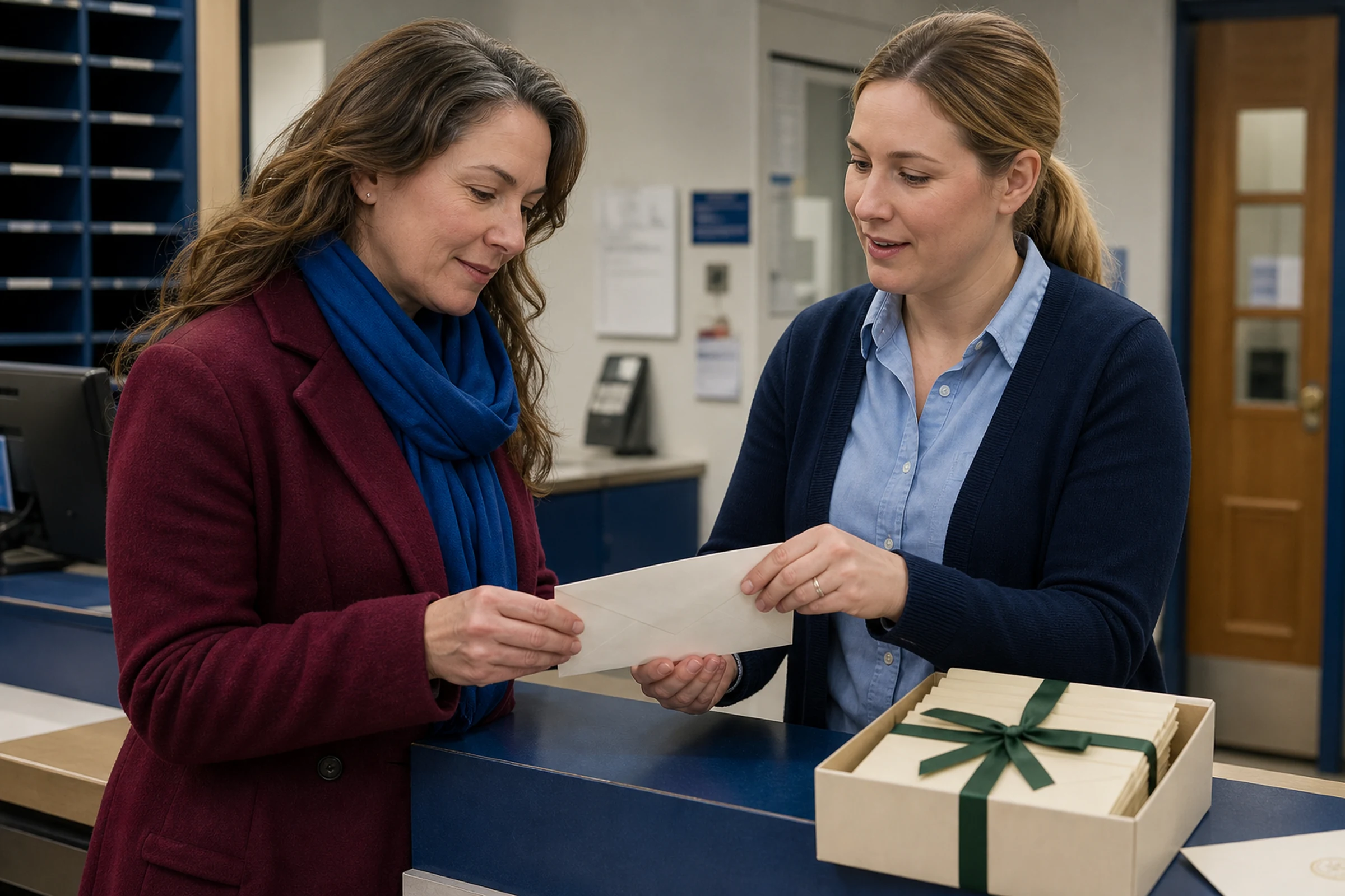 A sender checks one invitation envelope with a postal clerk before mailing the full set.