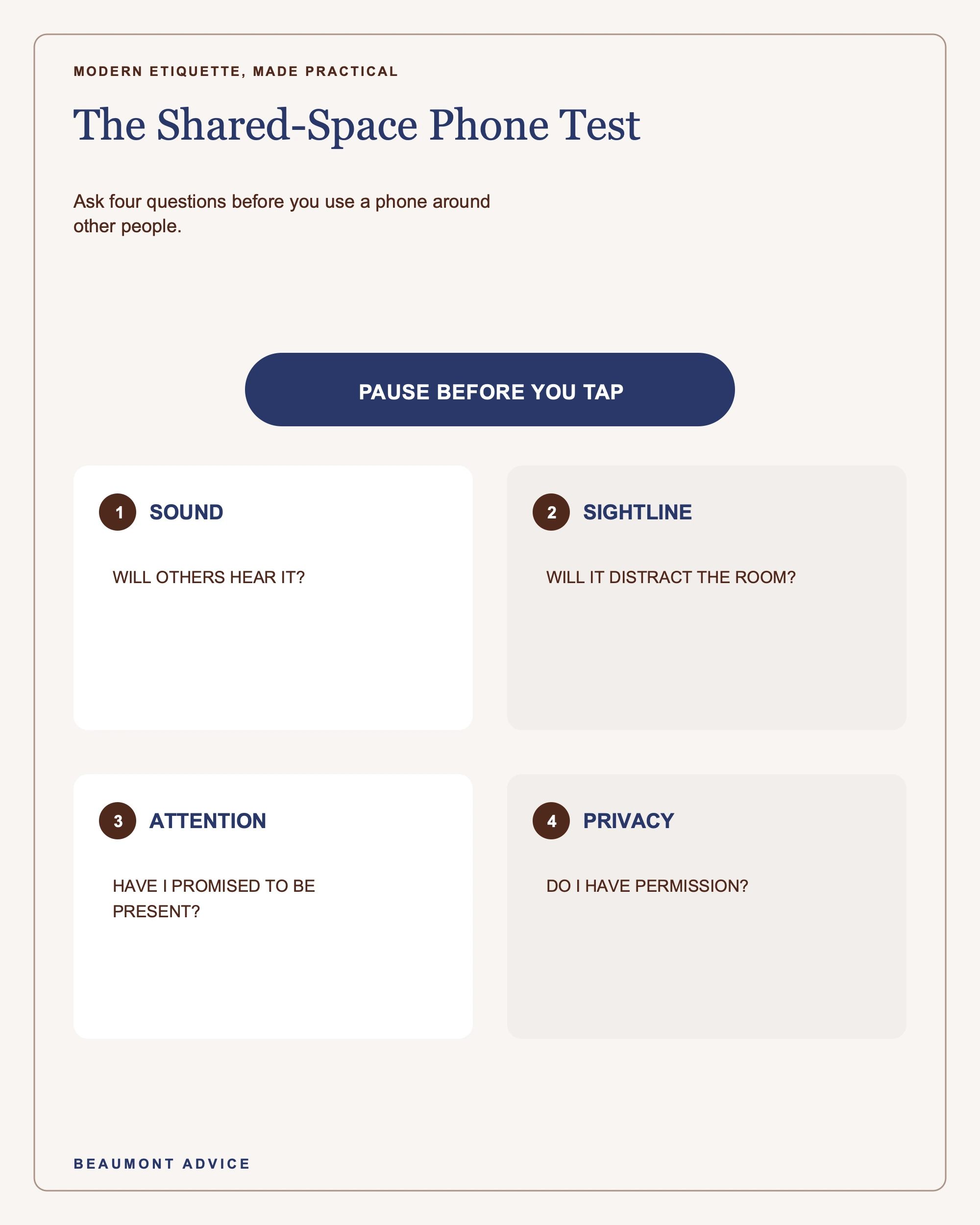 A phone-use check covering sound, sightline, attention, and privacy.