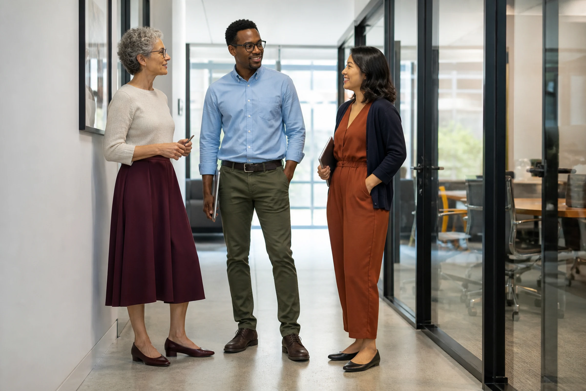 Three colleagues wear distinct business-casual outfit formulas before a presentation.