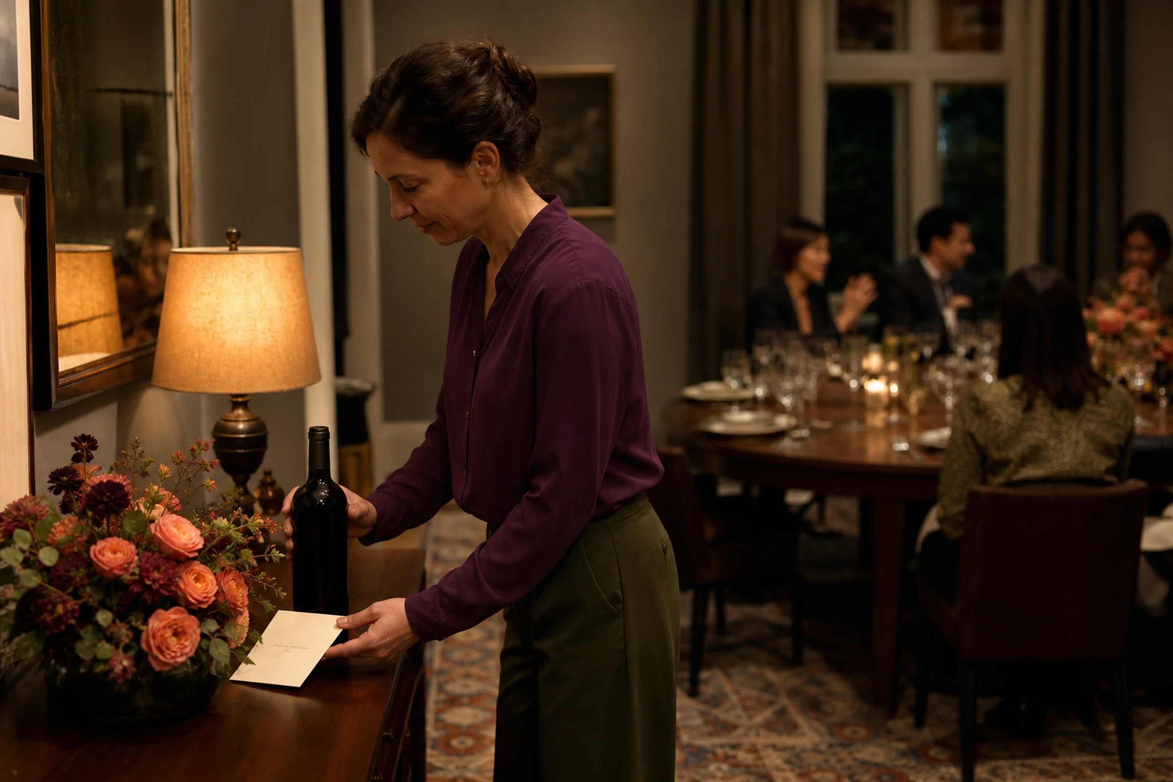 A host places a guest’s bottle on a sideboard to enjoy after the gathering.