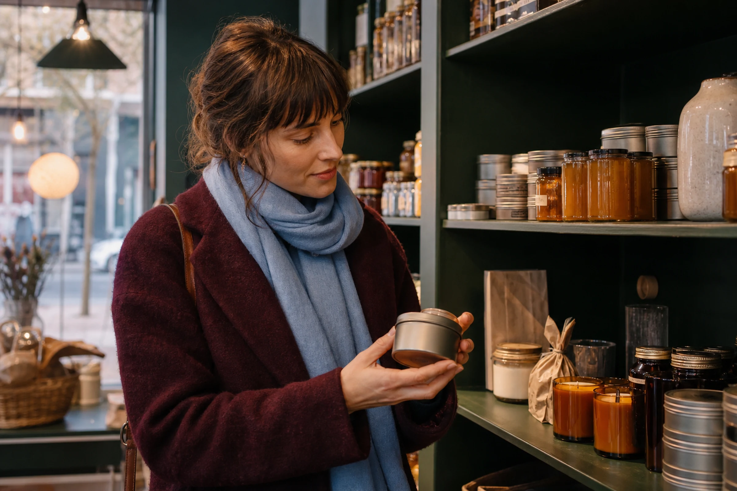A shopper chooses a small tea tin as an easy host gift.