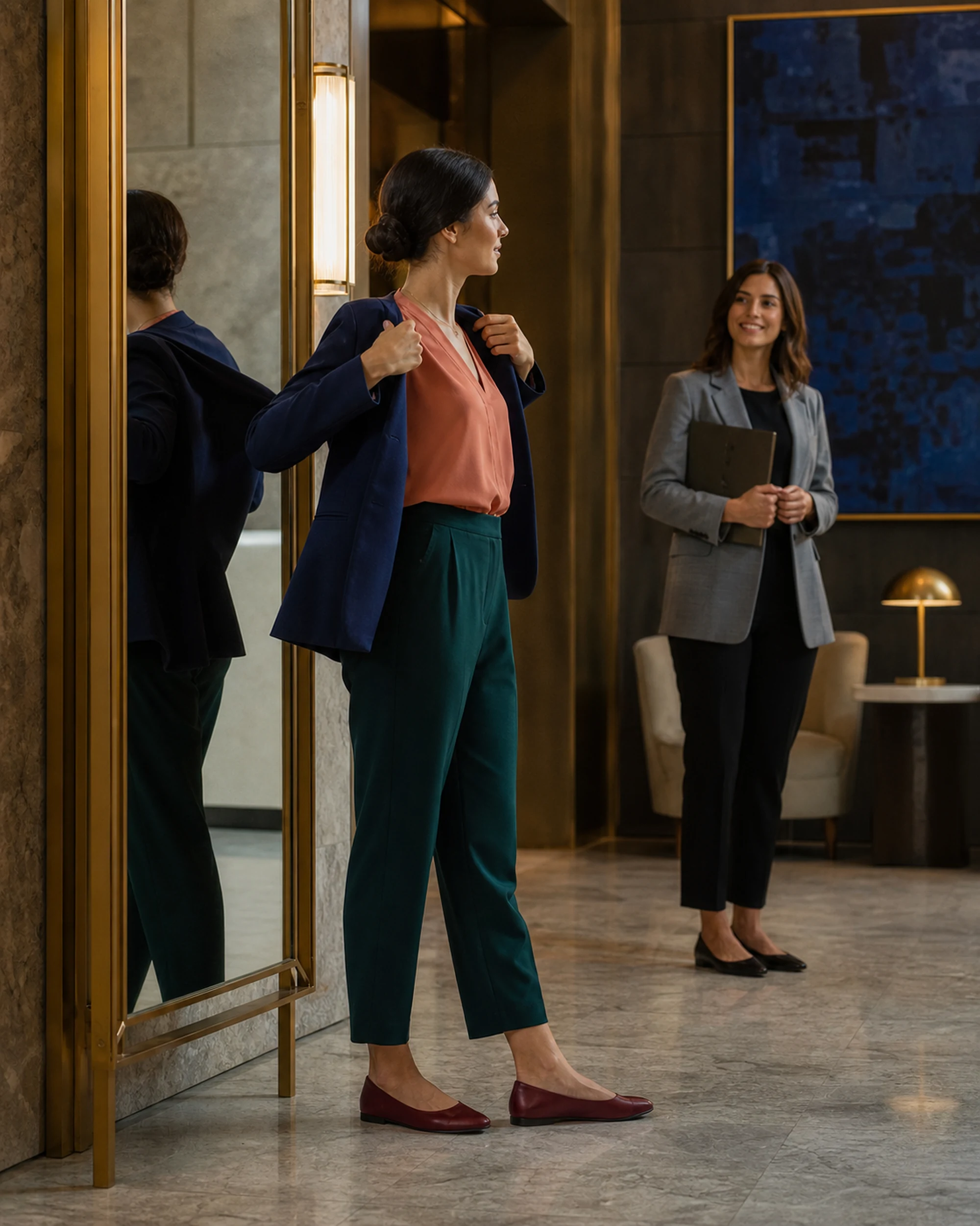A professional adds a structured jacket before entering a client meeting.