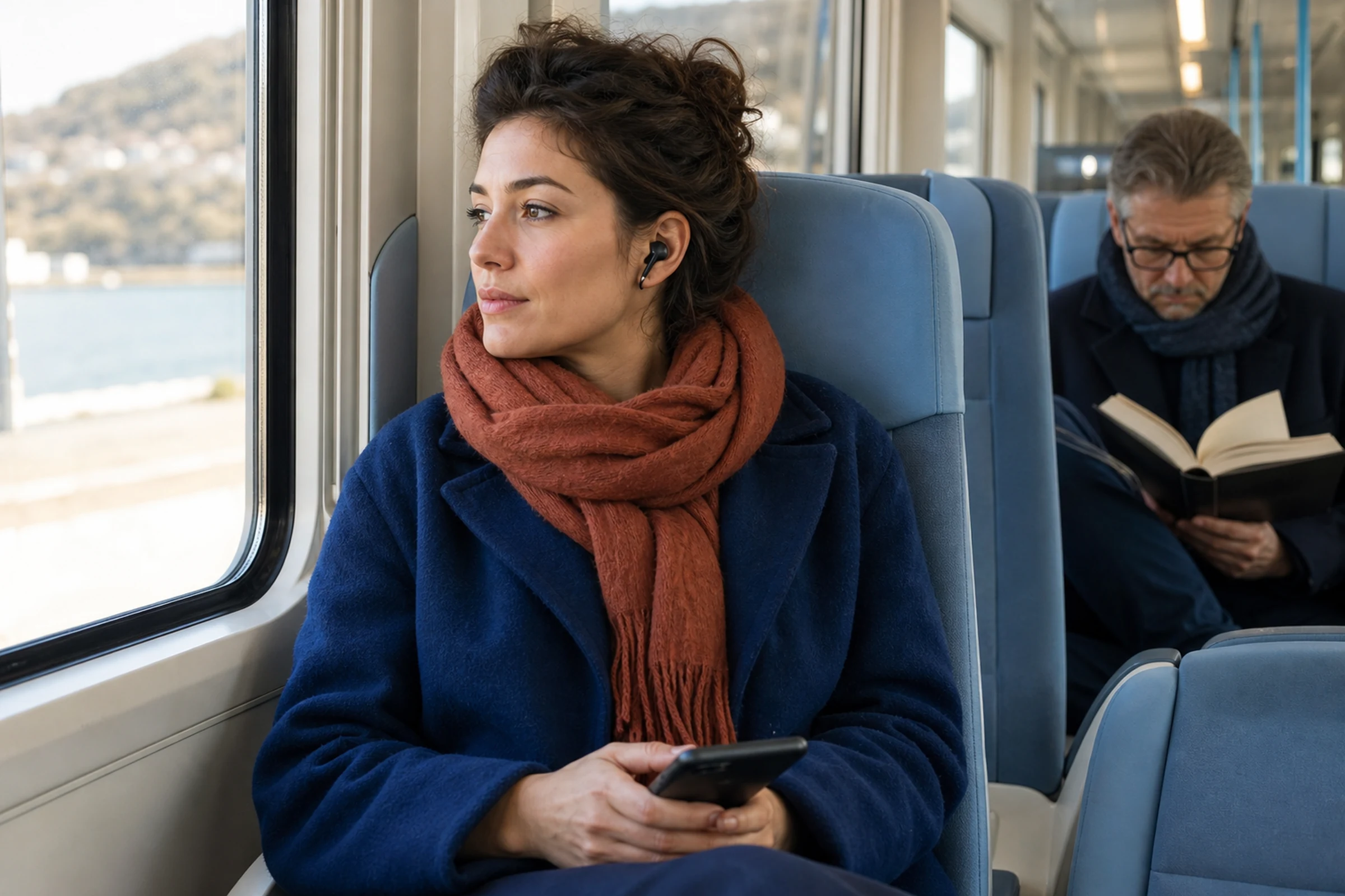A train passenger listens through headphones with the phone held close and sound private.