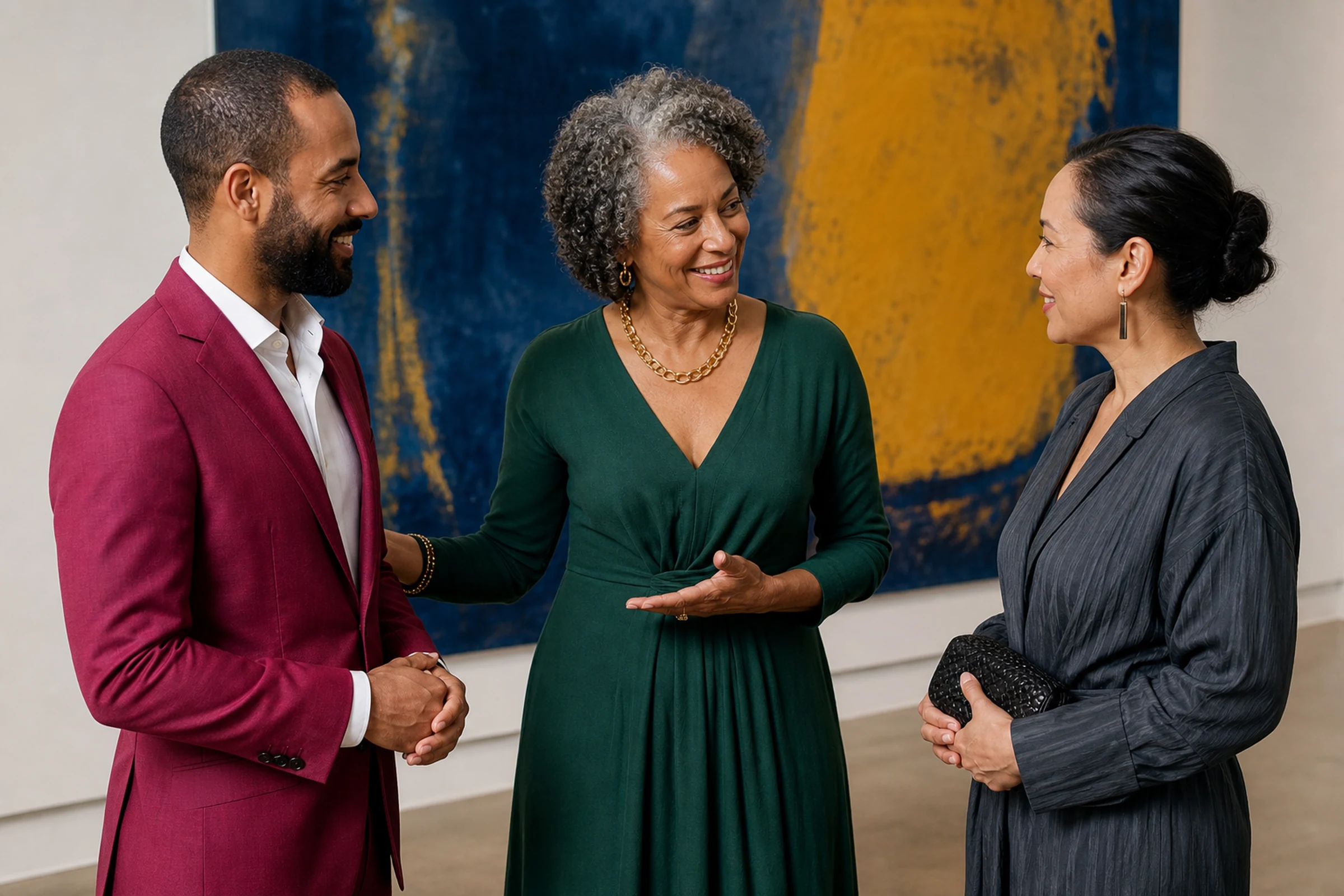 A host makes a respectful introduction between two guests at a gallery event.