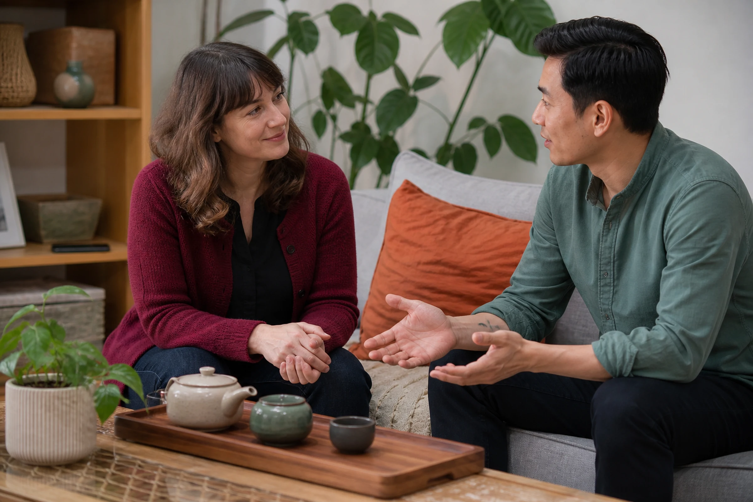 Two people give each other full attention during a visit while a phone rests aside.