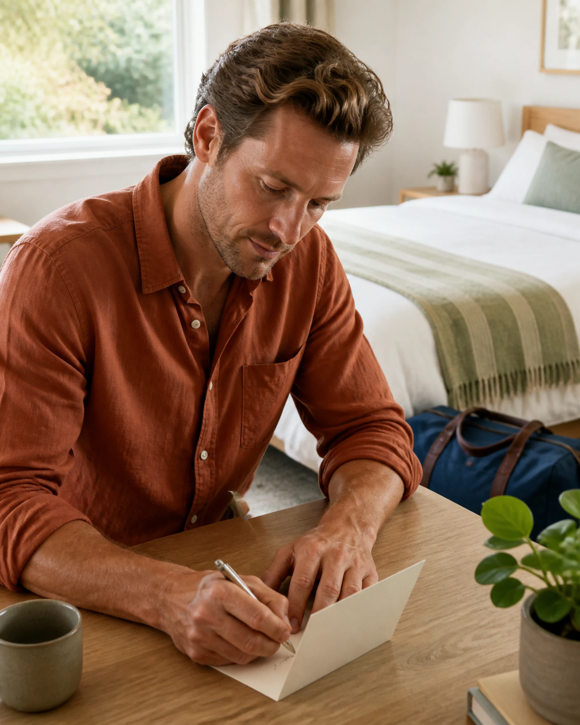 An overnight guest writes a thank-you note in a sunlit guest room.