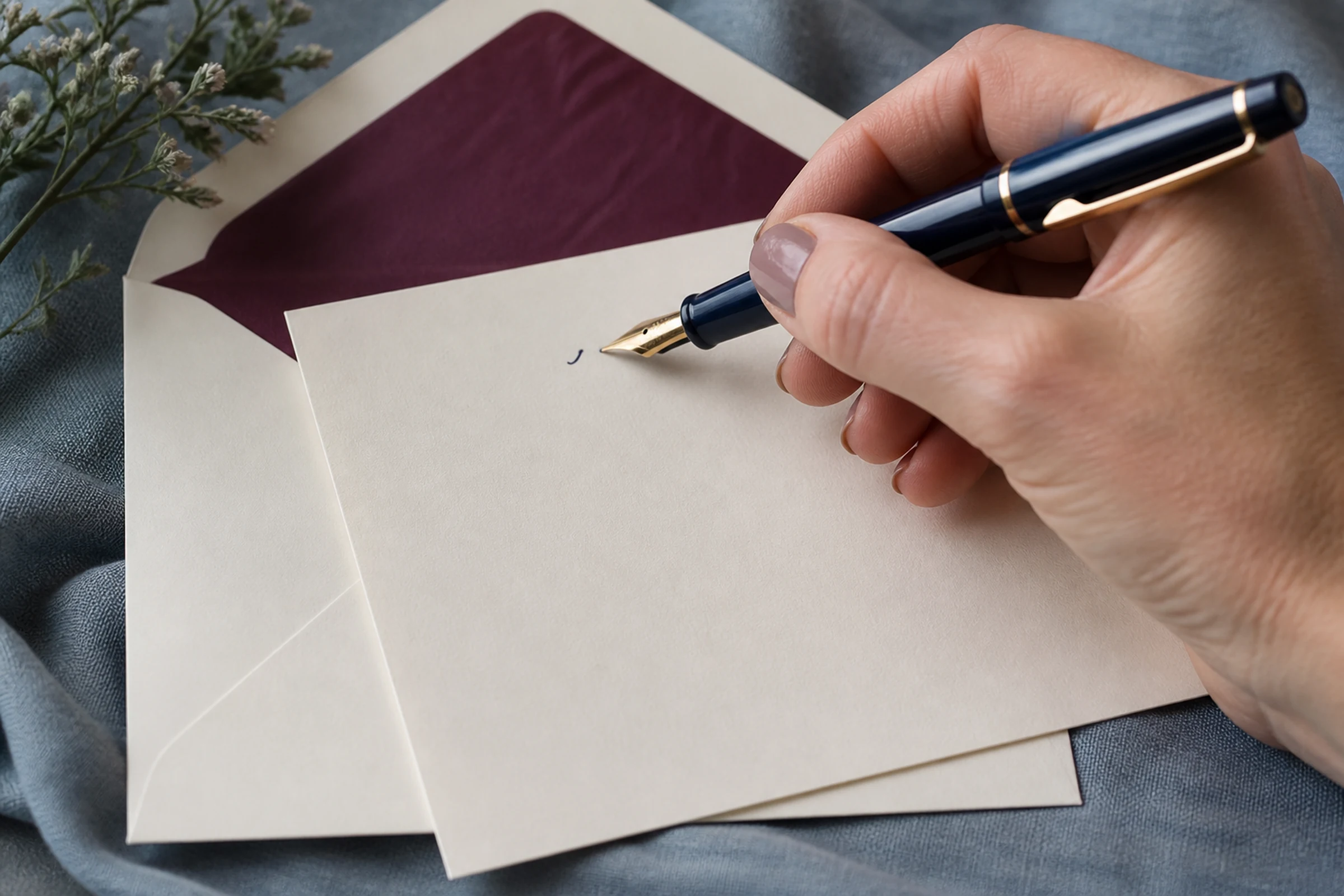 A hand begins a sympathy note on a mostly blank ivory card.