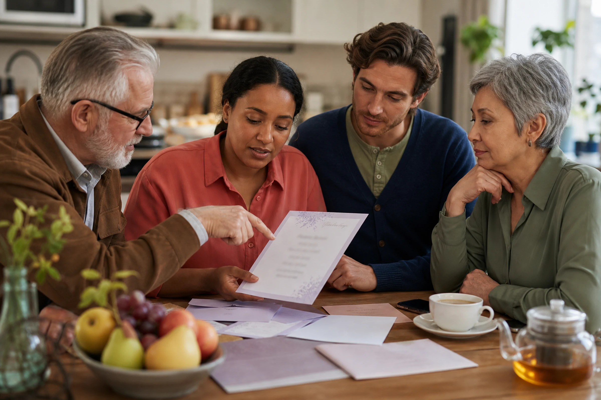 A couple and family members check names together on a wedding invitation proof.