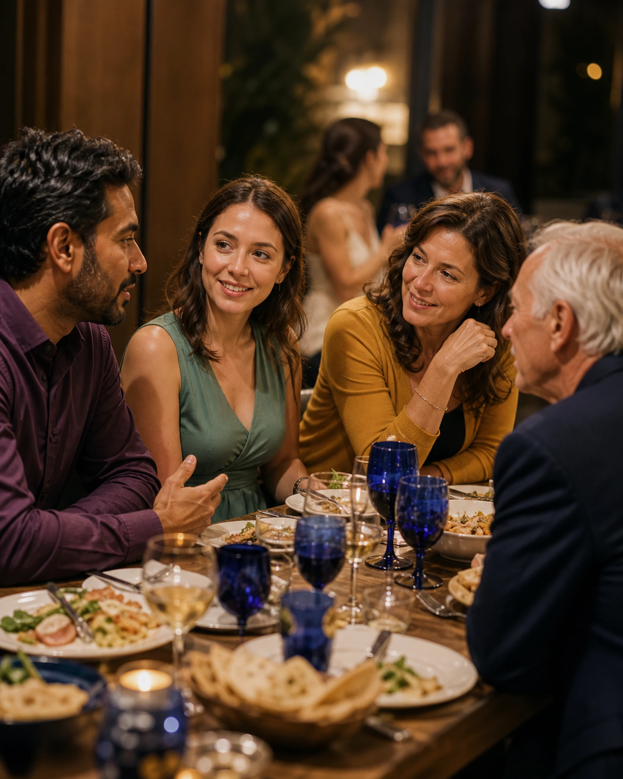 Wedding guests introduce themselves during a relaxed rehearsal dinner.