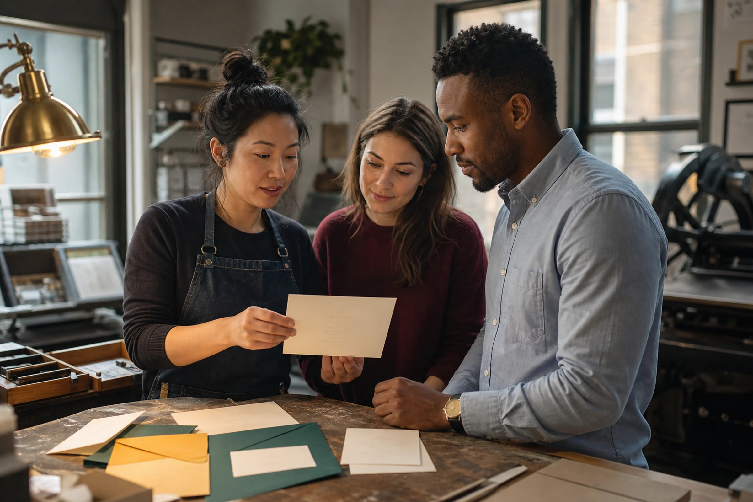 A stationer and couple check a wedding invitation proof before printing.