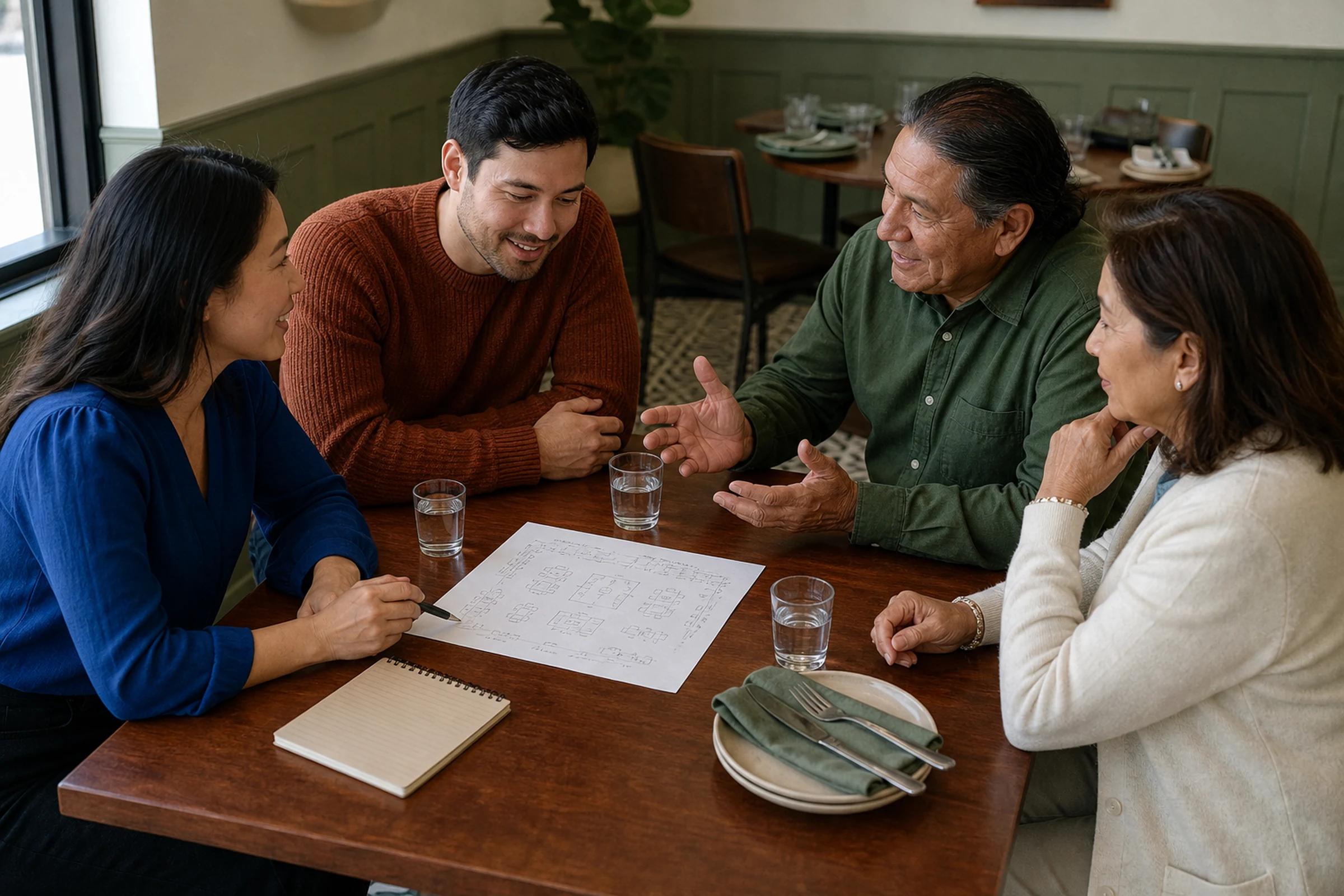 A couple and family hosts discuss a rehearsal dinner plan around a restaurant table.
