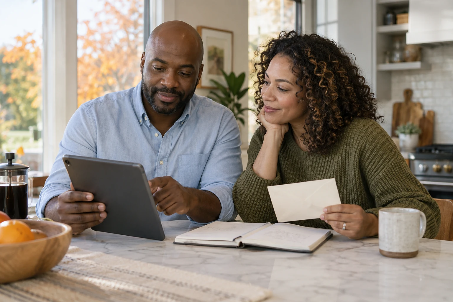 A couple checks their calendar together before replying to an invitation.