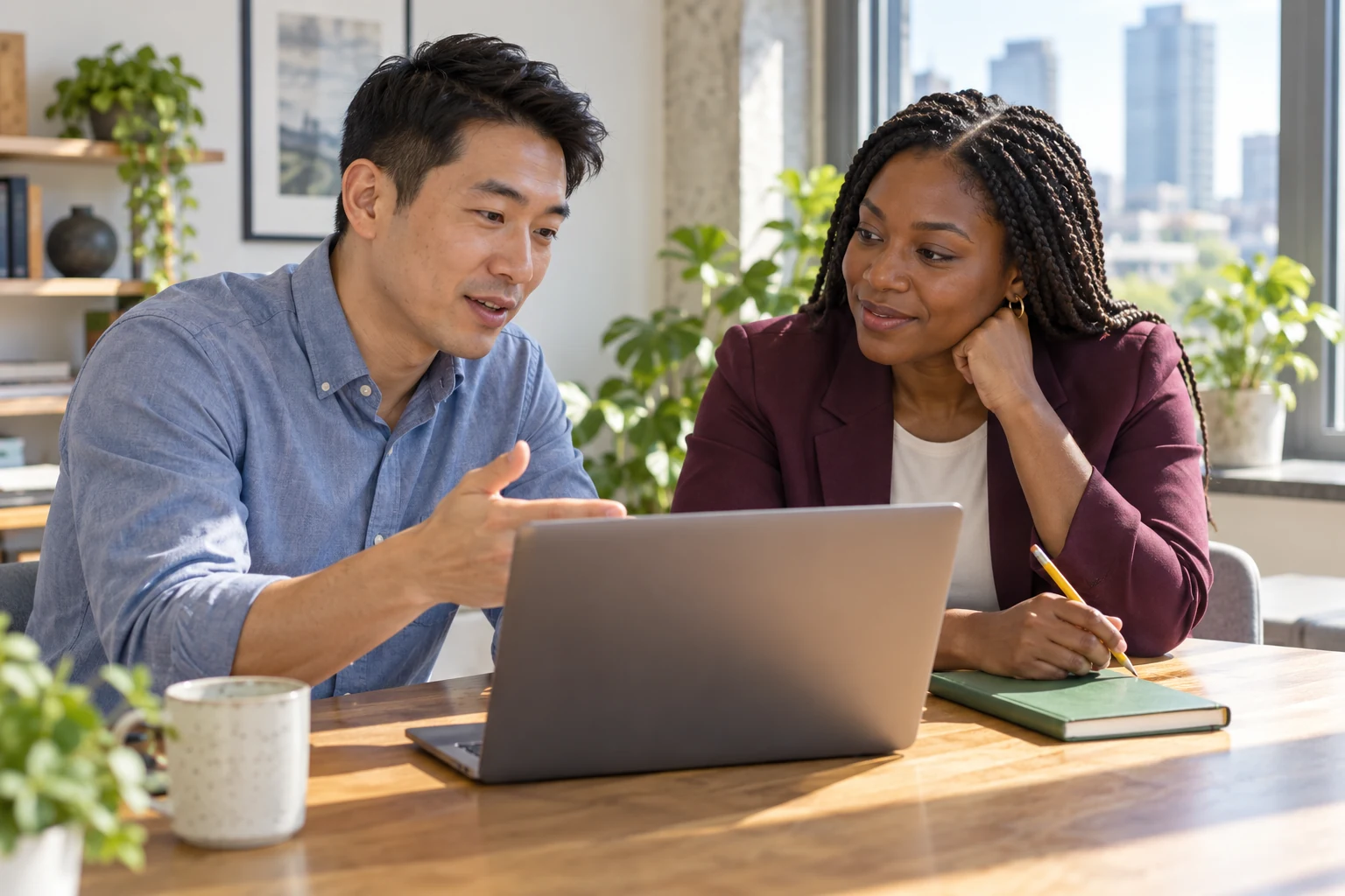Two colleagues discuss how to frame a shared email.