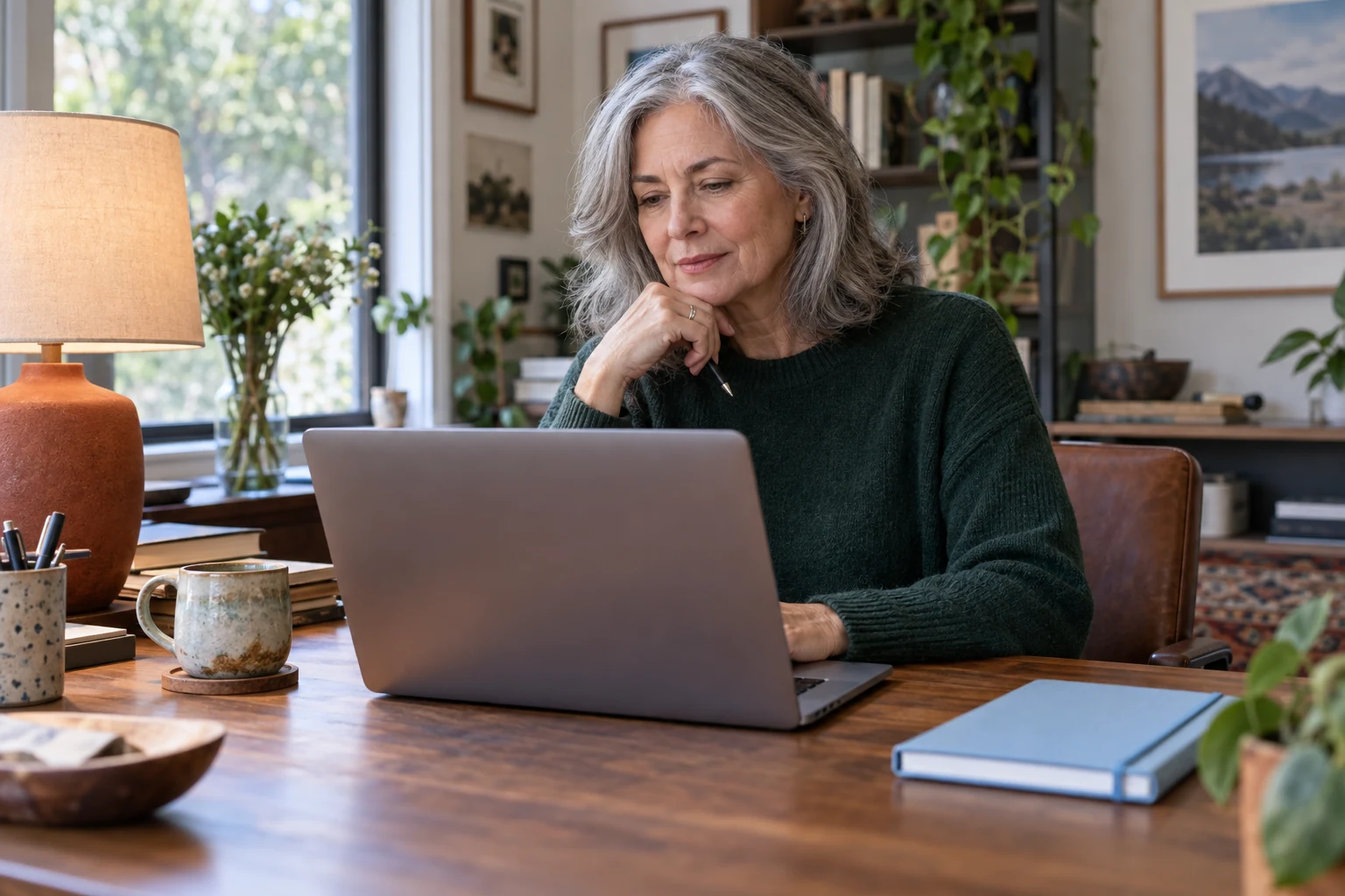 A professional checks a laptop in a quiet private workspace.