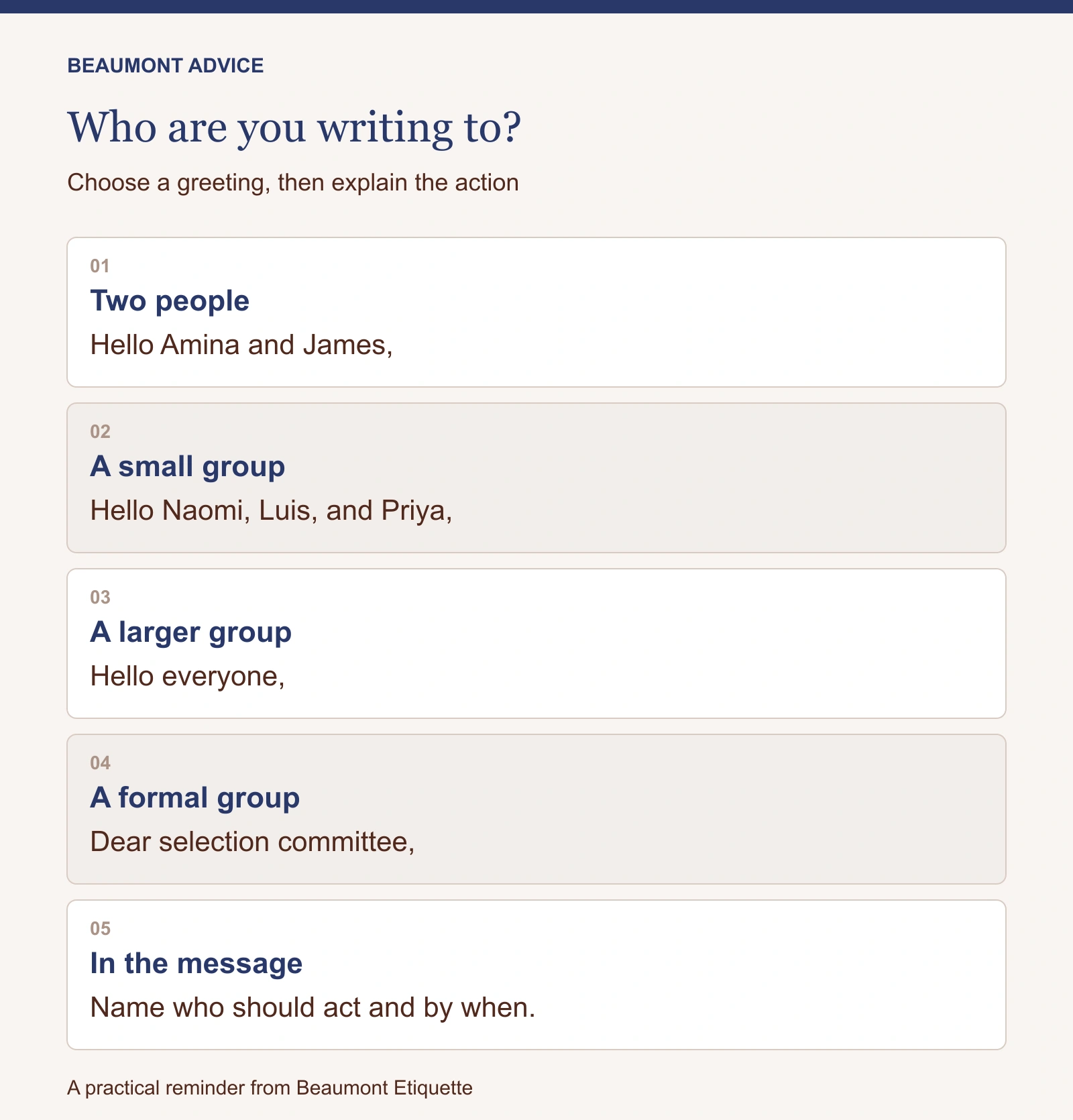 Email greeting examples for two people, a small group, a larger group, and a formal committee.