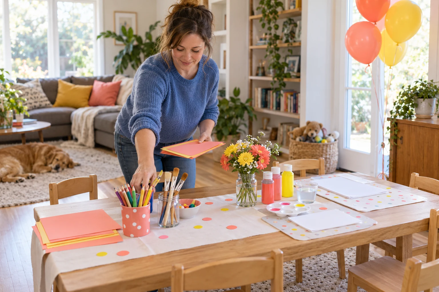 A parent arranges a small craft party space before guests arrive.