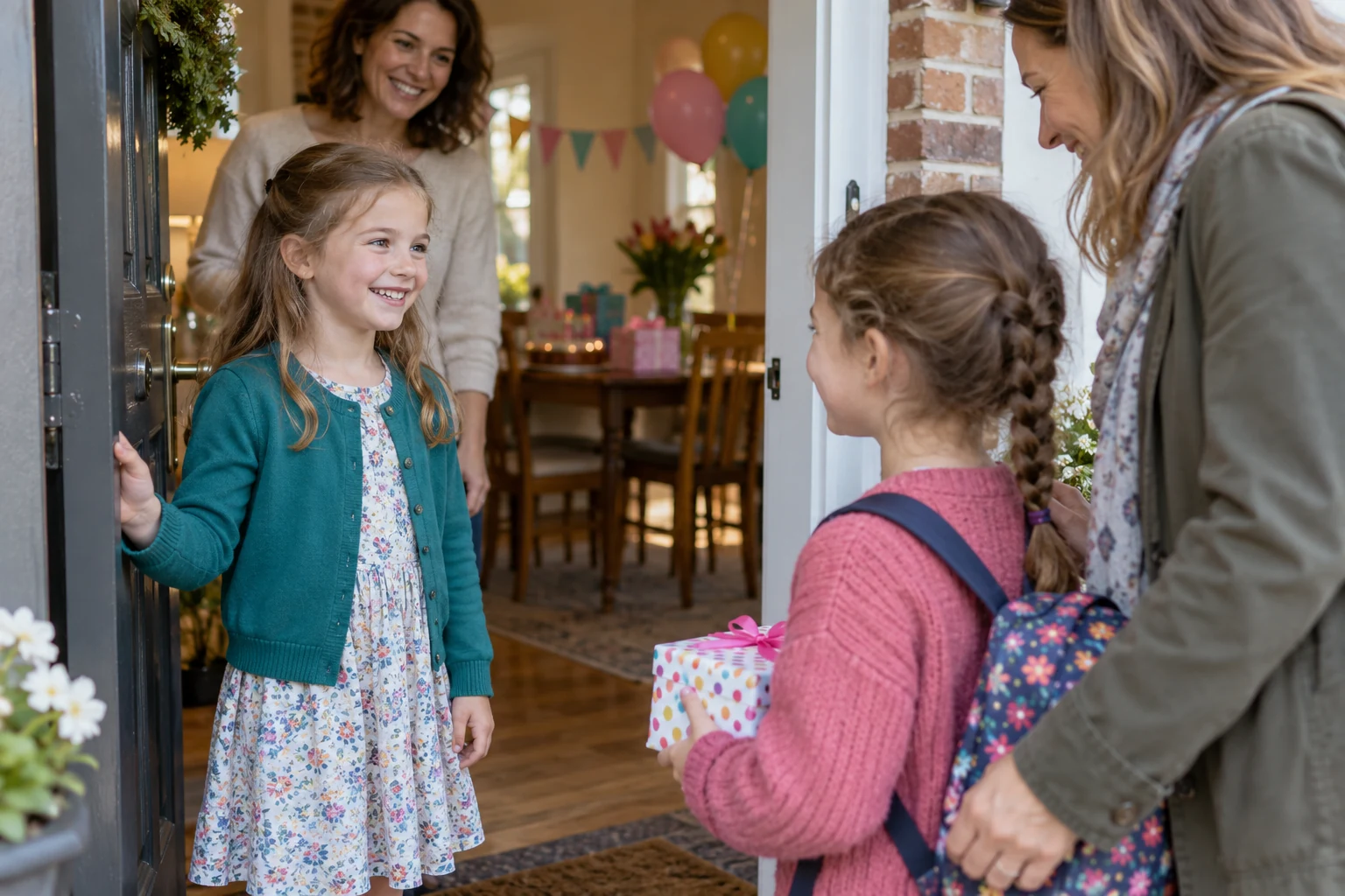 Two children greet one another as a parent welcomes an arriving family.