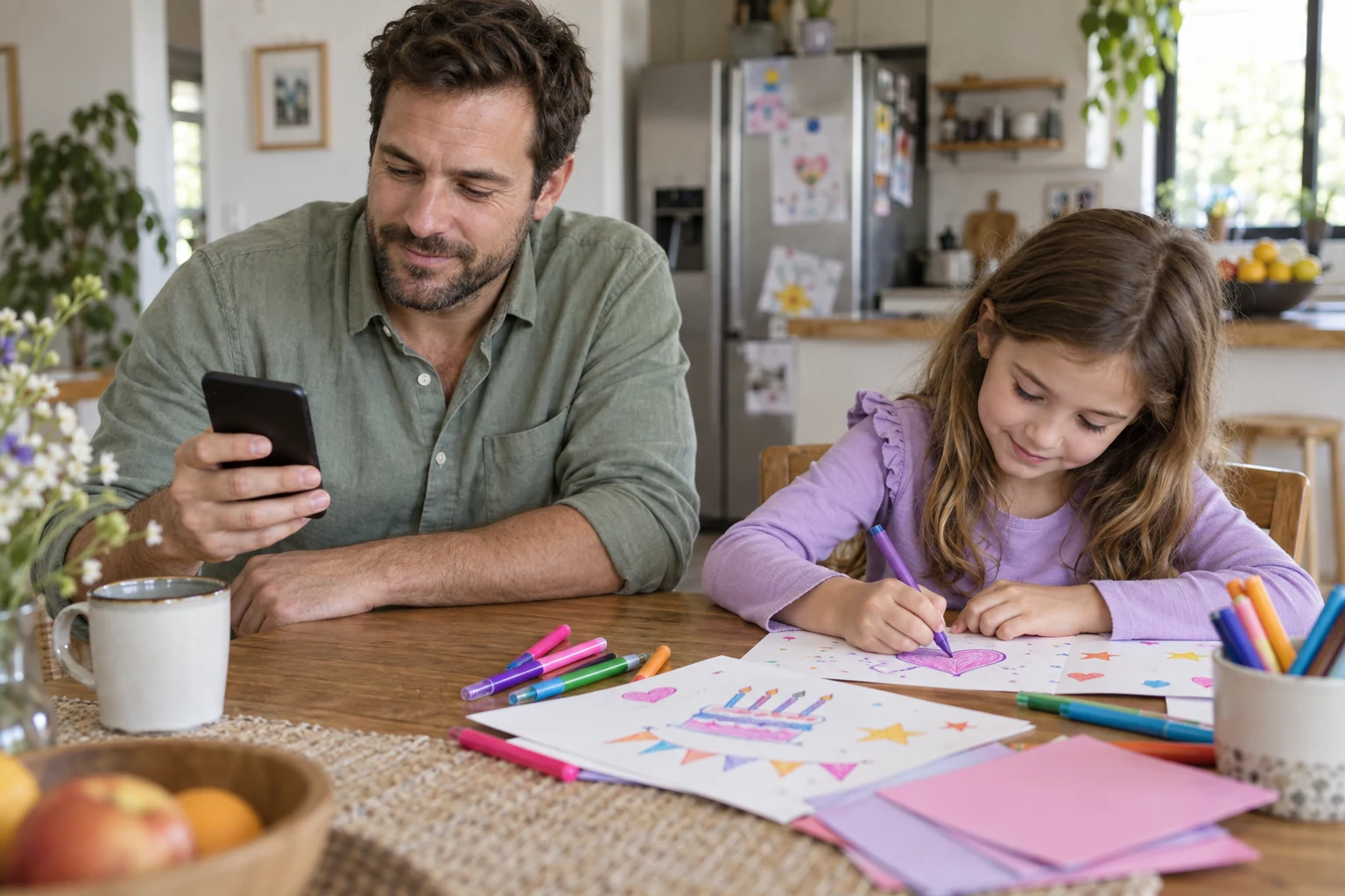 A parent checks a party invitation on a phone while a child draws nearby.
